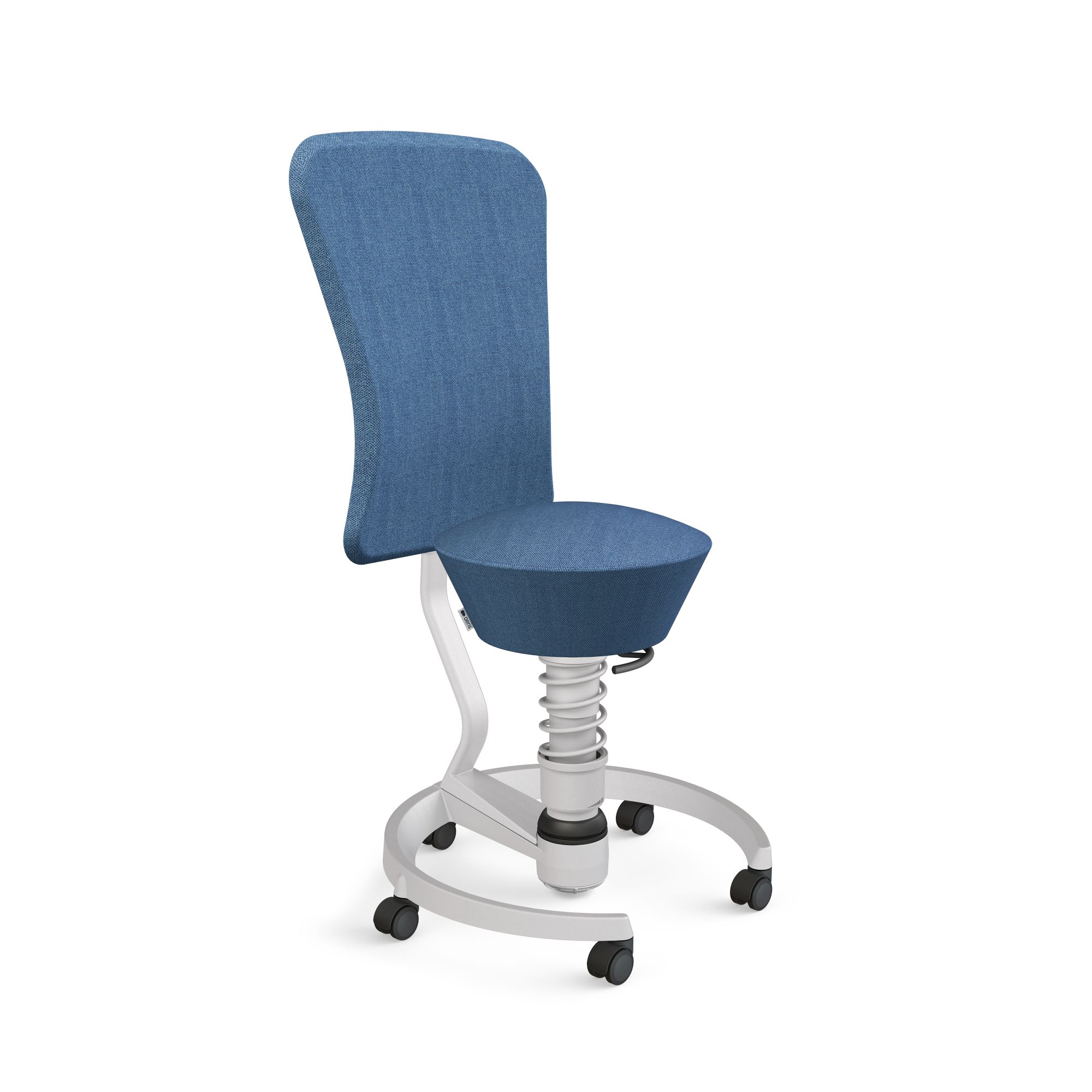 Blauer Swopper Bürostuhl mit Federung und Rollen, ergonomischer Hocker für dynamisches Sitzen.