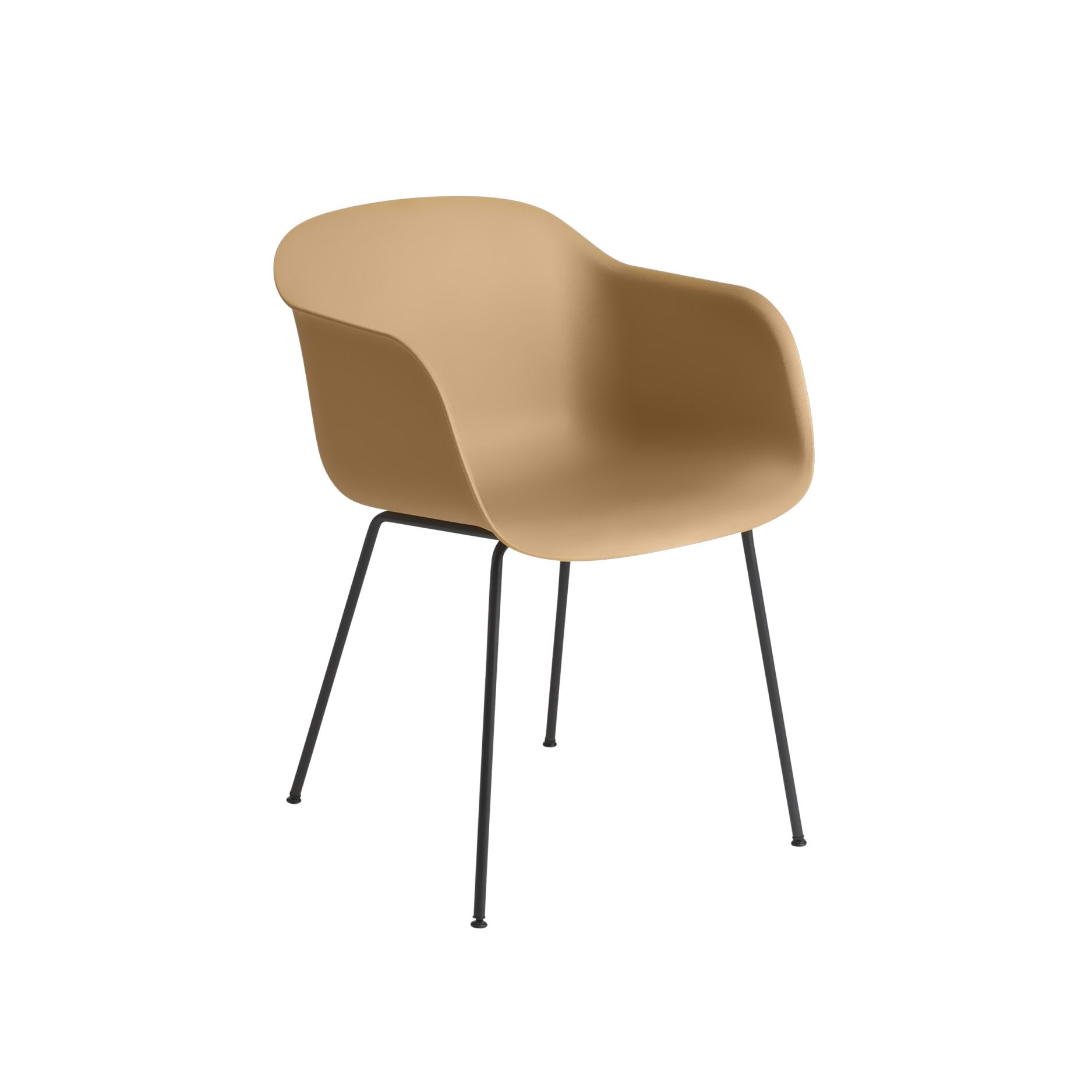 Muuto Fiber Armchair mit Tube Base, beige Sitzschale und schwarzem Stahlrohrgestell, Frontansicht.