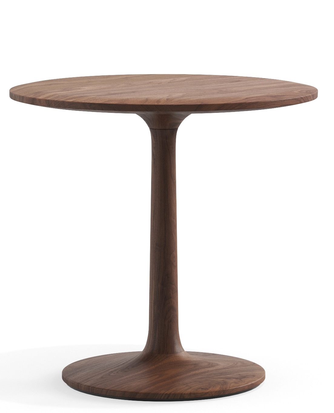 Turntable Couch Beistelltisch Zeitraum aus dunklem Holz, runder Tisch mit zentralem Fuß.