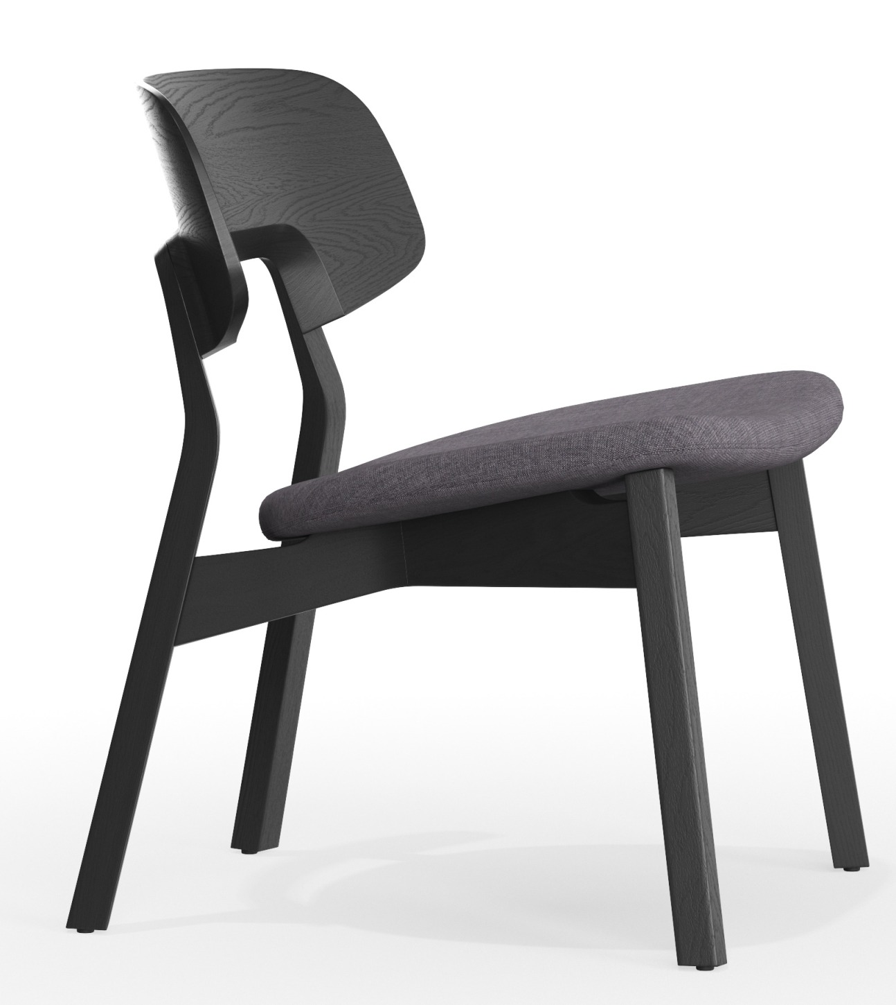 Nonoto Lounge Chair: Cocktailsessel mit grauem Sitzpolster und dunklem Holzgestell, seitliche Ansicht.