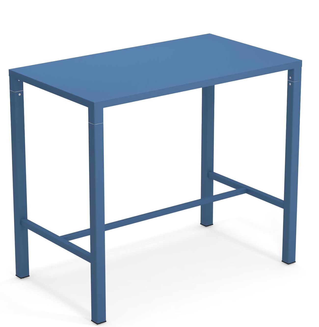 Blauer Nova Hochtisch von Emu für den Außenbereich, minimalistisches Design mit rechteckiger Tischplatte.