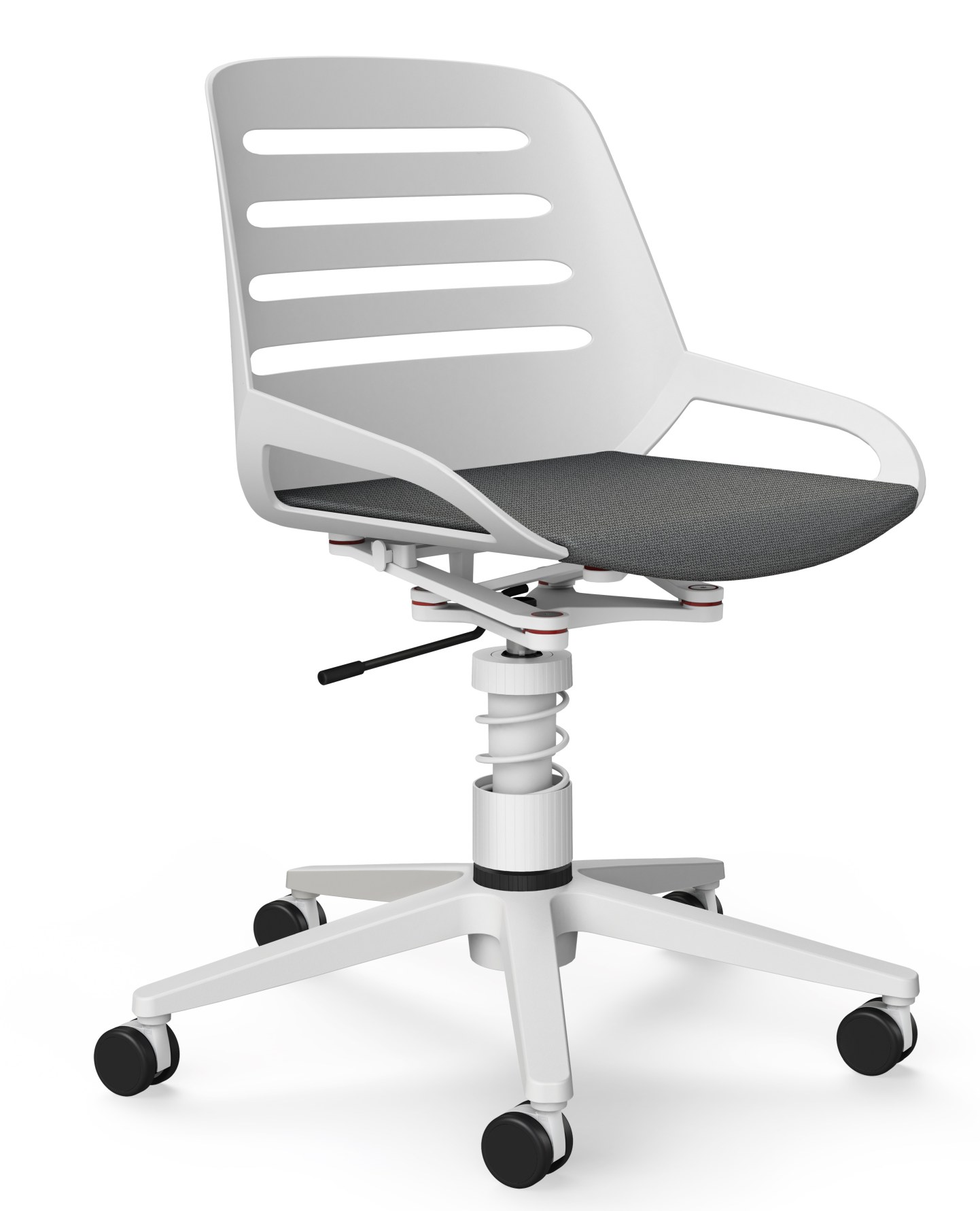 Numo Task Bürodrehstuhl von Aeris in Weiß mit grauem Sitzpolster und Rollen für das Büro.