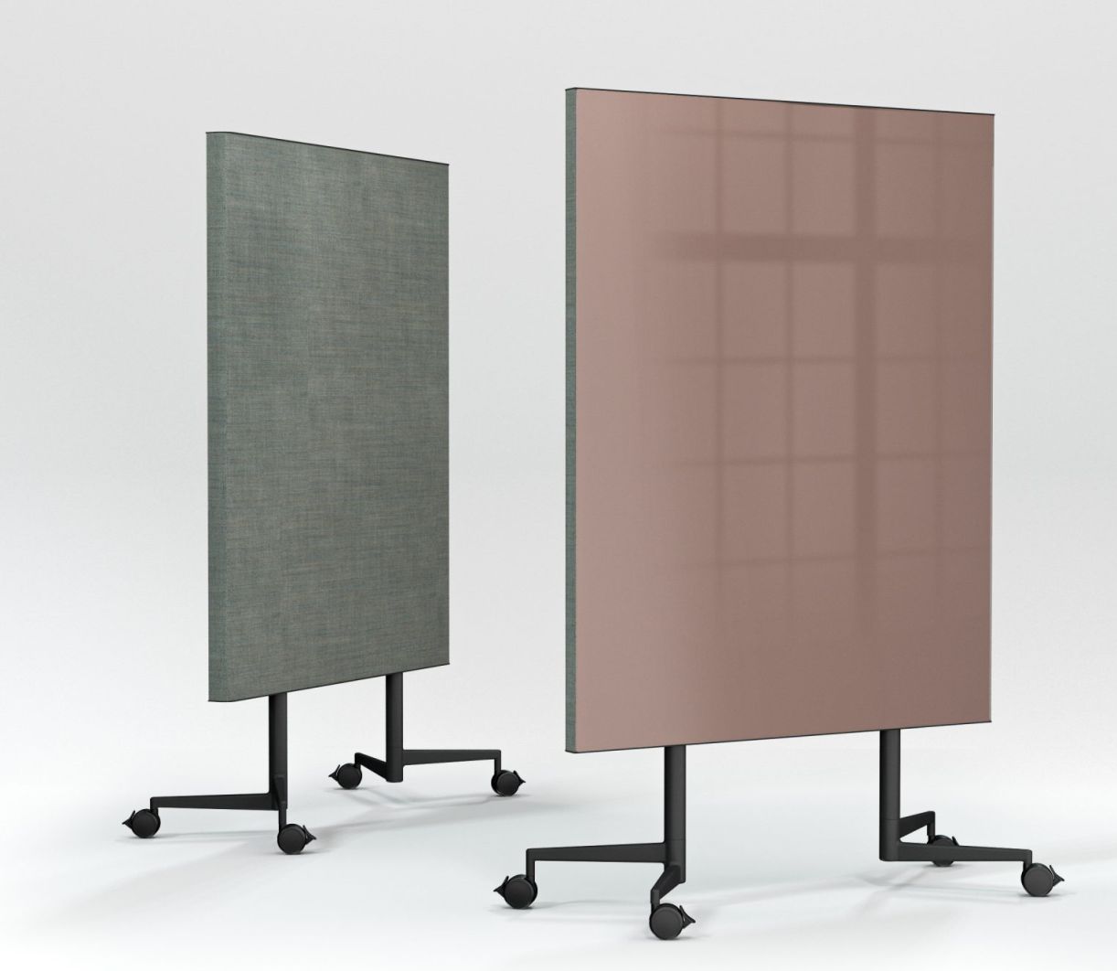 Zwei Chat Board Move Acoustic Stellwände in Grün und Rosa auf Rollen, für Büro und Konferenz.