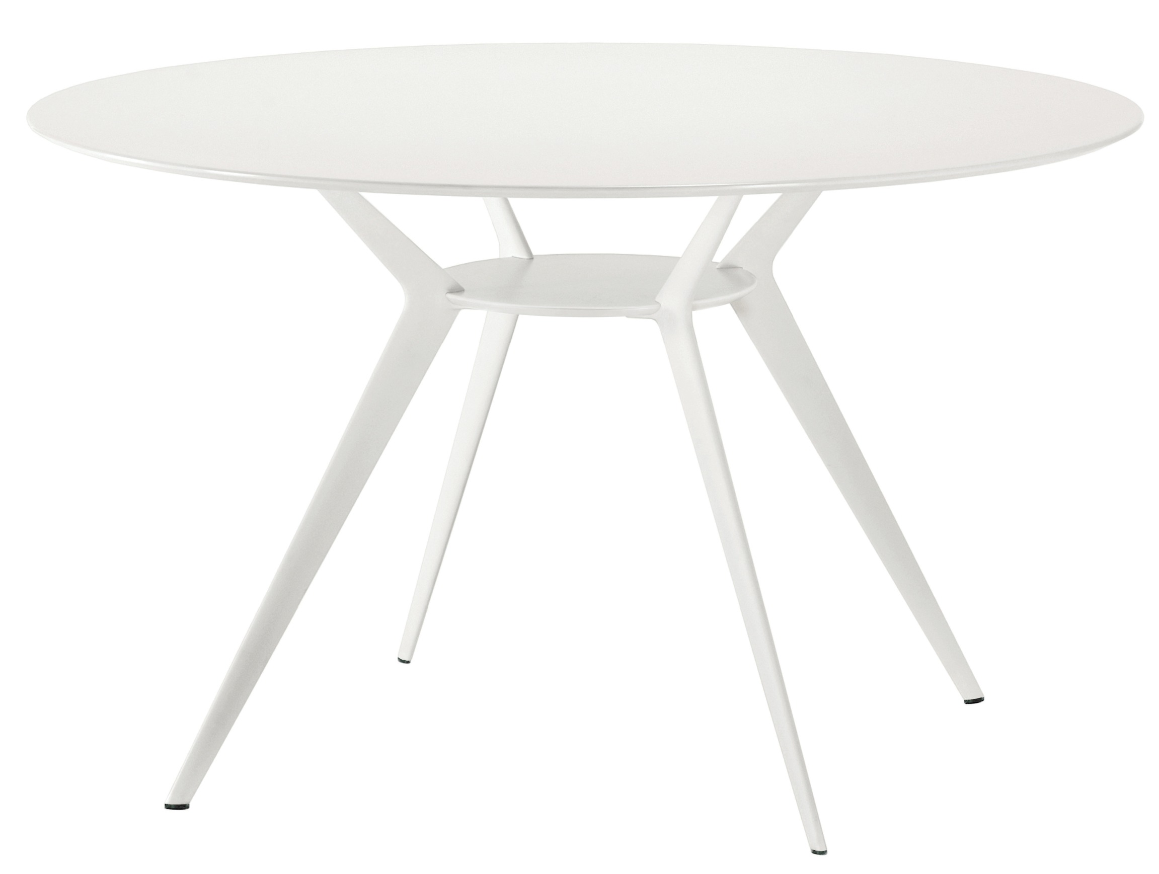 Weißer Biplane Tisch mit runder Tischplatte und filigranem, dreibeinigem Metallgestell für Esszimmer oder Küche.