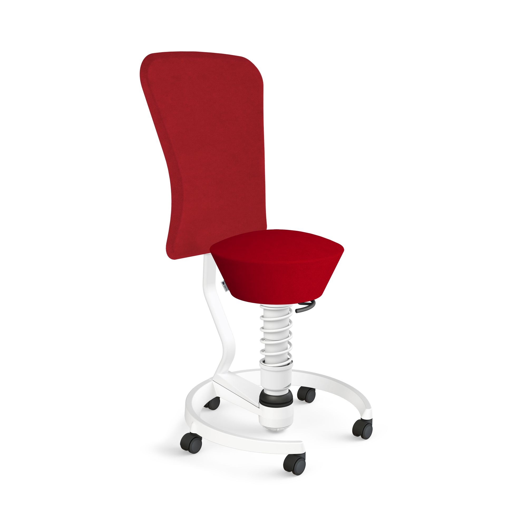 Roter Bürostuhl mit Rollen, ergonomisch geformt, für gesundes Sitzen im Büro oder Homeoffice.