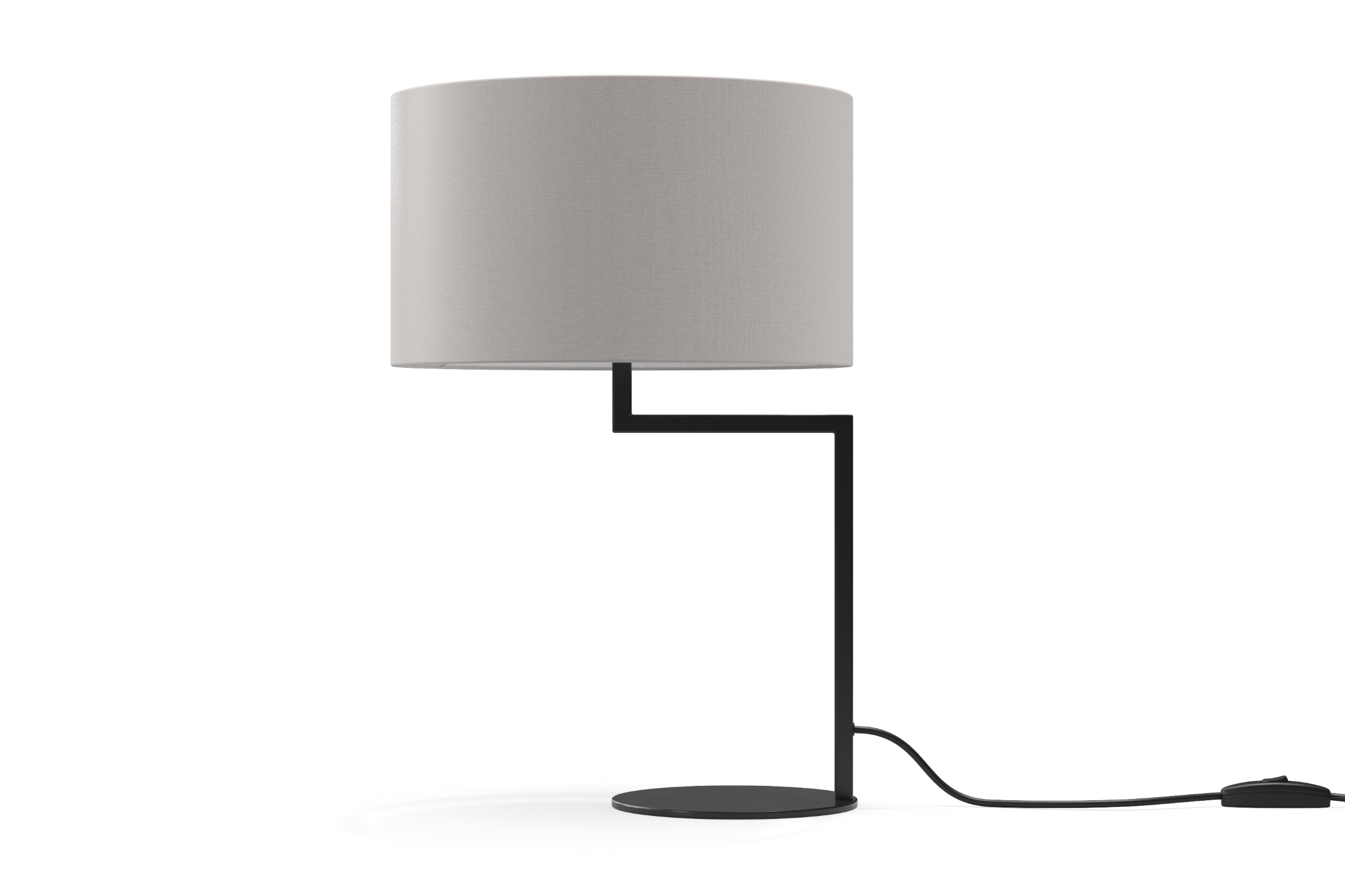 Neat Noon Tischleuchte in Lichtgrau: Moderne Lampe mit schwarzem Gestell und Stoffschirm.
