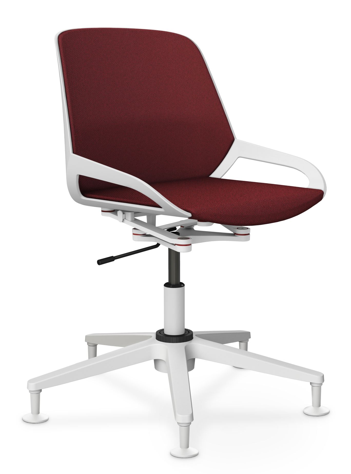 Numo Task Bürodrehstuhl von Aeris mit rotem Stoffbezug und weißem Gestell, ergonomischer Arbeitsstuhl.