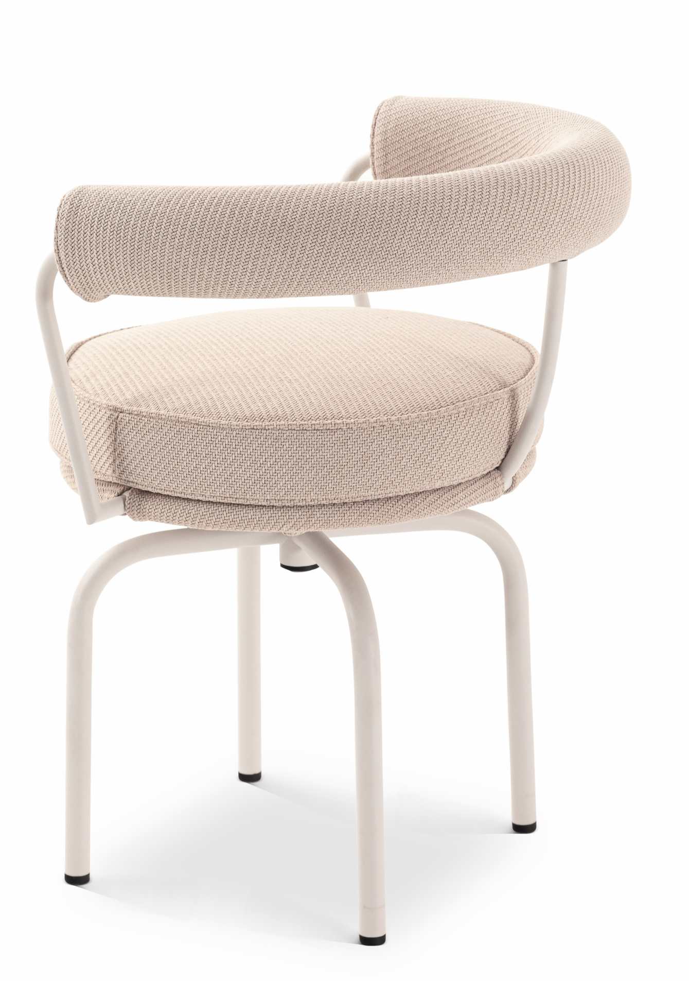 7 Fauteuil Tournant Drehsessel von Cassina für den Außenbereich, mit beigem Stoffbezug und weißem Gestell.
