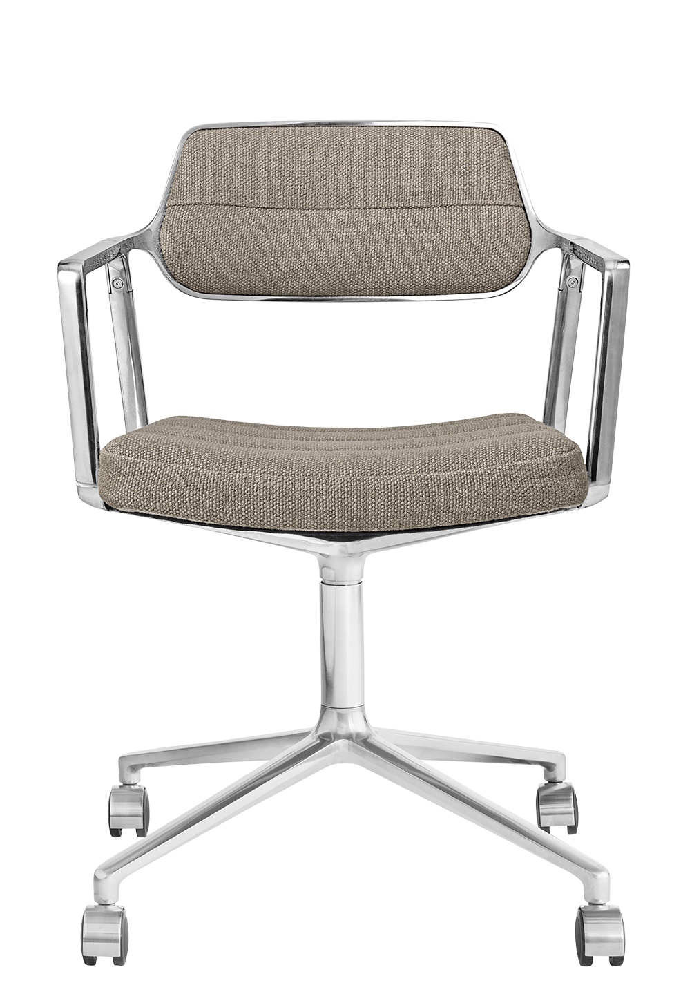 Vipp 453 / Vipp453 Draaistoel Swivel Chair Vipp Dark Sand Textiel / gepolijst aluminium frame met wieltjes
