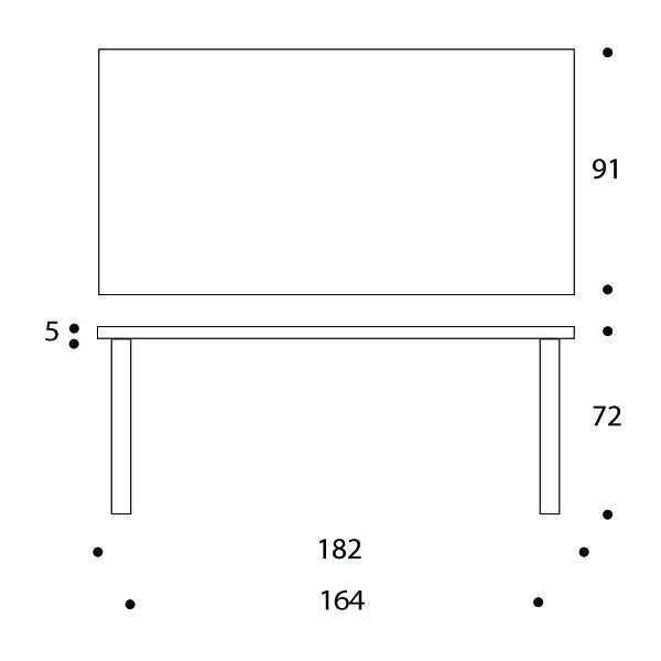 Artek Tisch 83 technische Zeichnung mit Maßen für Höhe, Breite und Tiefe.