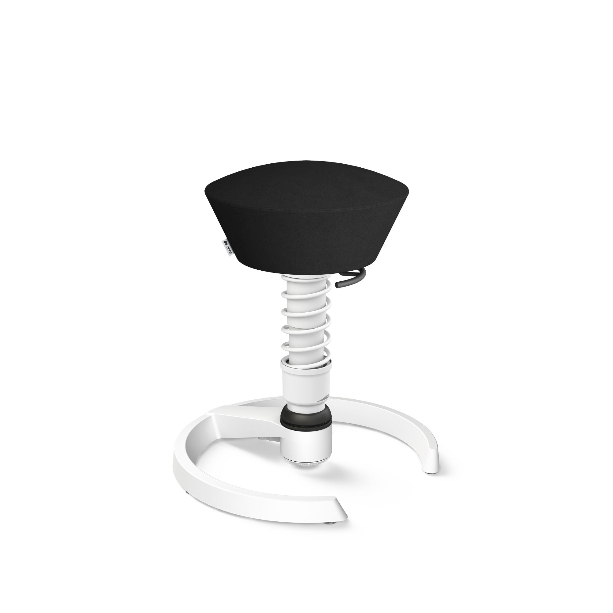 Aeris Swopper Bürostuhl in Schwarz mit weißem Federbein und Fußring, ergonomischer Hocker für dynamisches Sitzen.