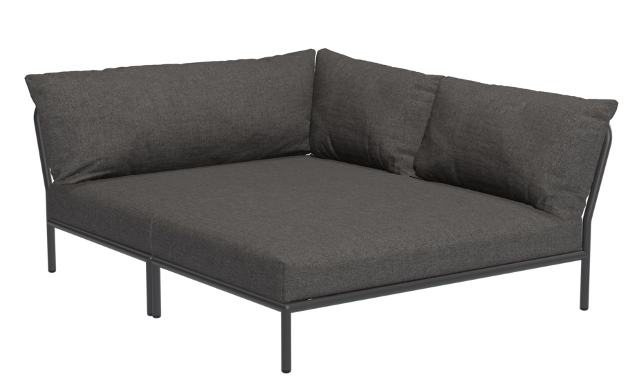 Houe Level Cozy Corner Outdoor Sofa mit grauen Kissen und schwarzem Metallrahmen für Garten und Terrasse.