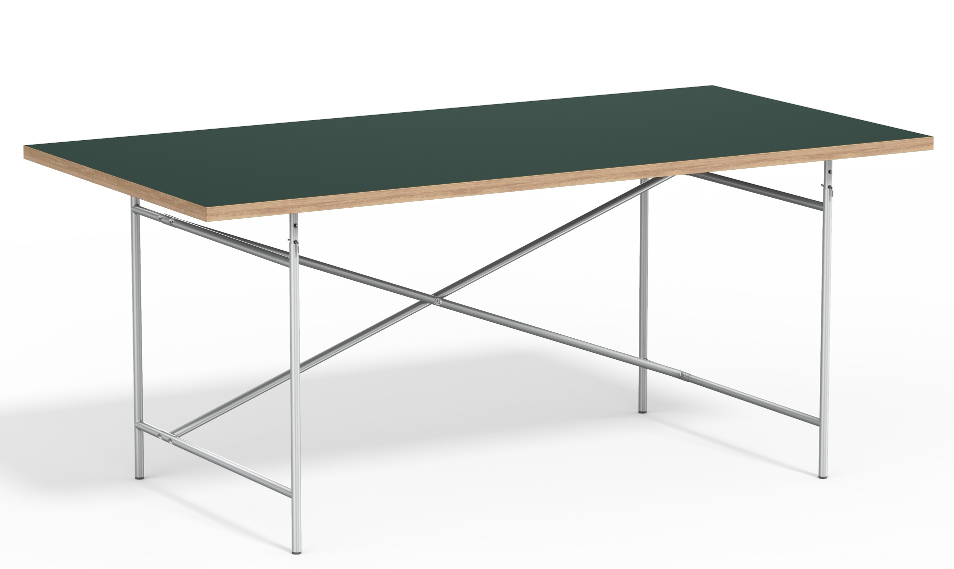 Eiermann Tisch mit dunkelgrüner Tischplatte und verchromtem Stahlgestell, Designklassiker für Büro und Homeoffice.