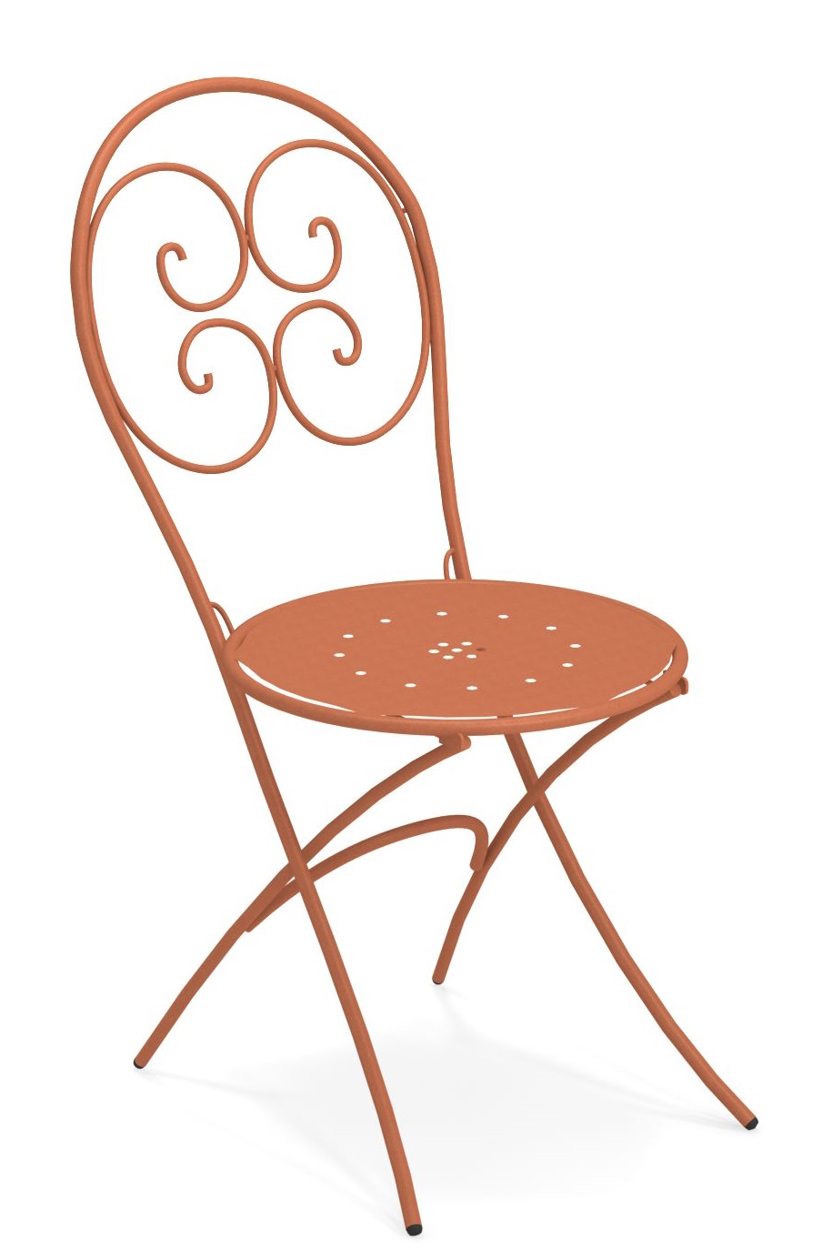 Pigalle Klappstuhl Outdoor von Emu, orangefarbener Metallstuhl mit filigranem Design für Garten und Balkon.