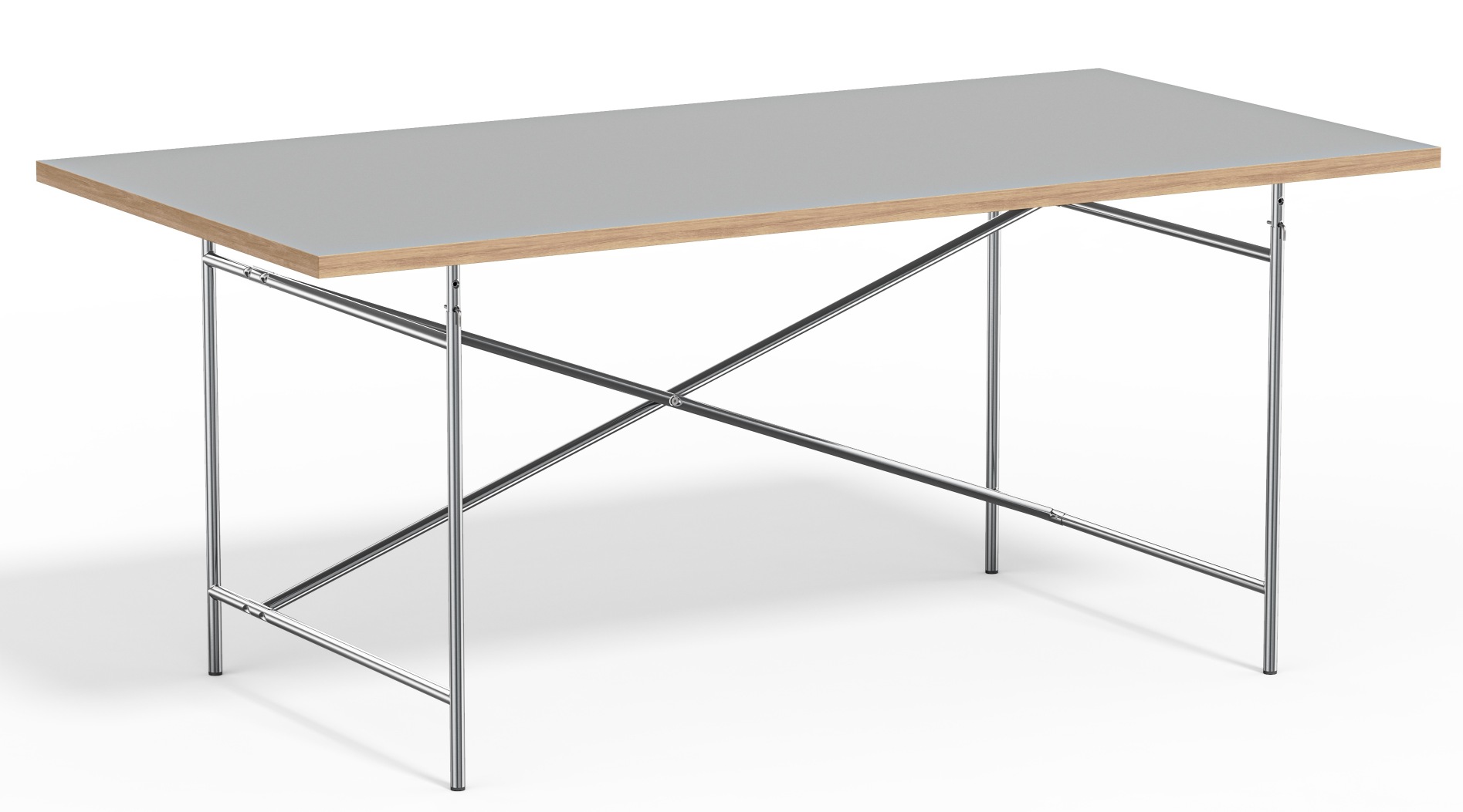 Eiermann Tisch mit grauem Tischblatt und verchromtem Stahlgestell, ein Designklassiker für Büro und Zuhause.