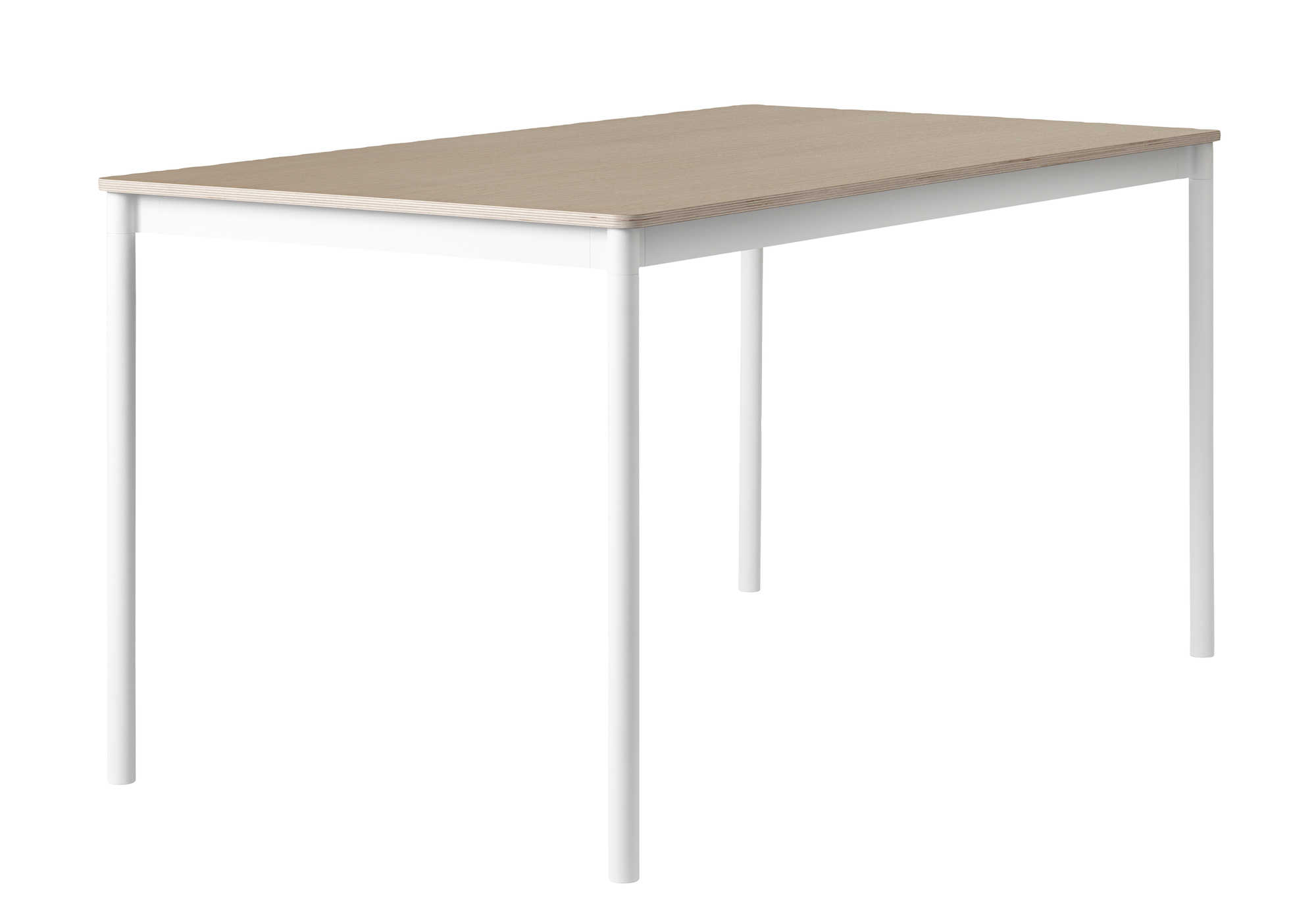Muuto Base Table: Rechteckiger Esstisch mit heller Holzplatte und weißem Metallgestell.