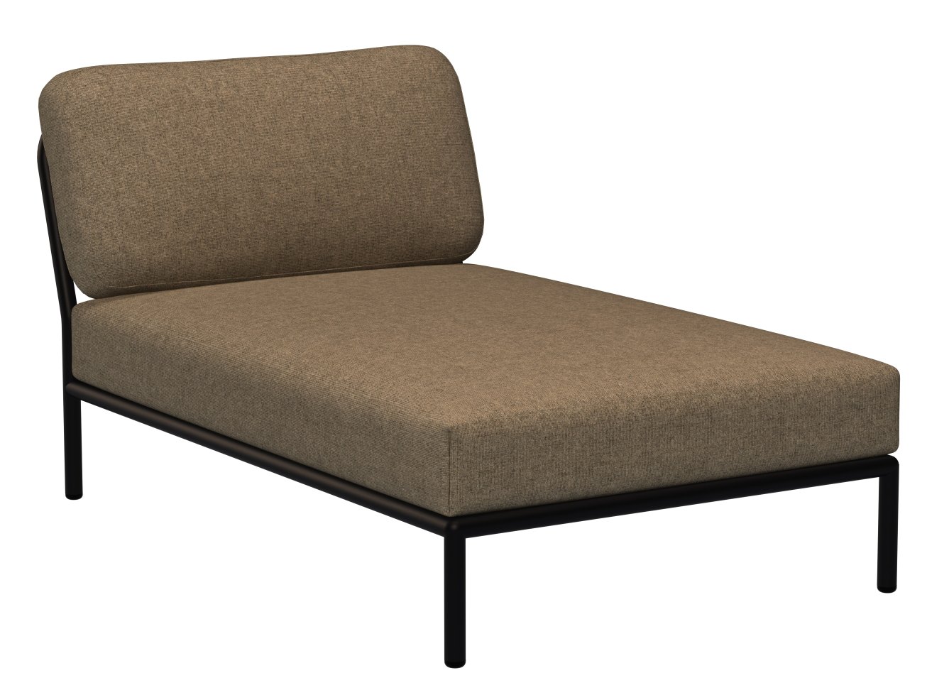 Houe Level Chaiselongue Outdoor Sessel mit braunem Stoffbezug und schwarzem Metallgestell, seitliche Ansicht.