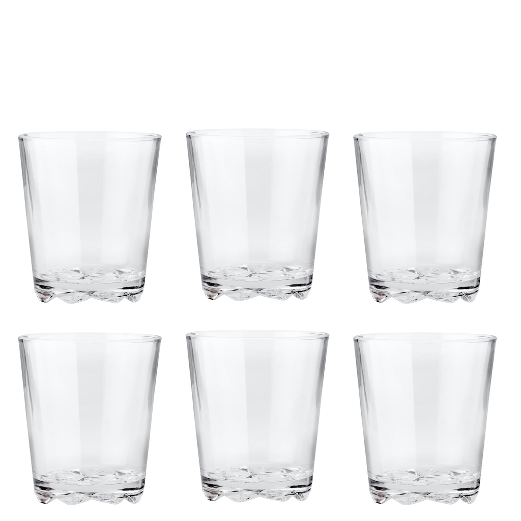 Sechs Stelton Glacier Trinkgläser, 0,25 Liter, aus klarem Glas mit besonderem Boden.