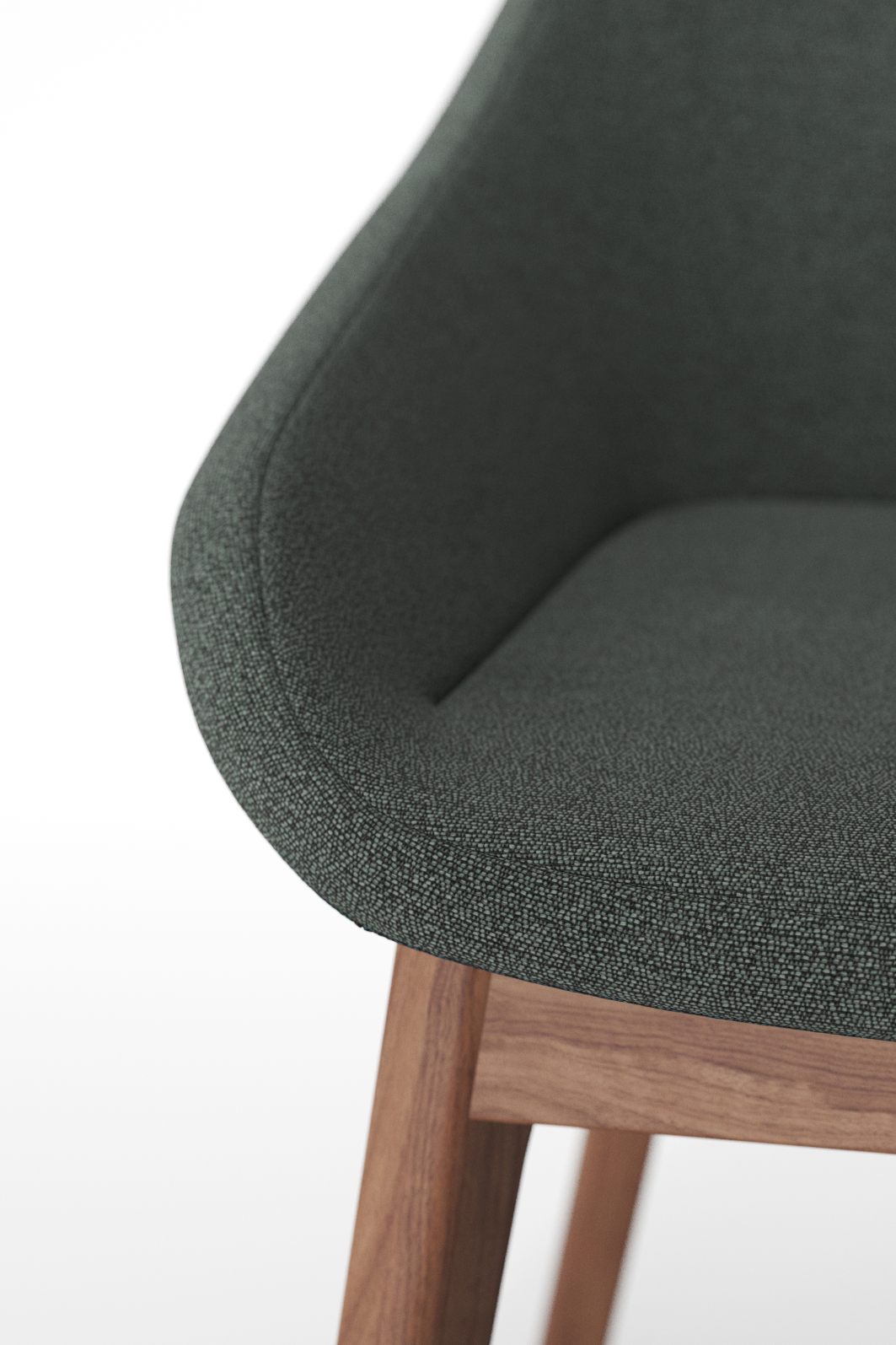 Detailaufnahme des Morph Dining Chair Stuhls mit dunkelgrauem Stoffbezug und Holzbeinen.