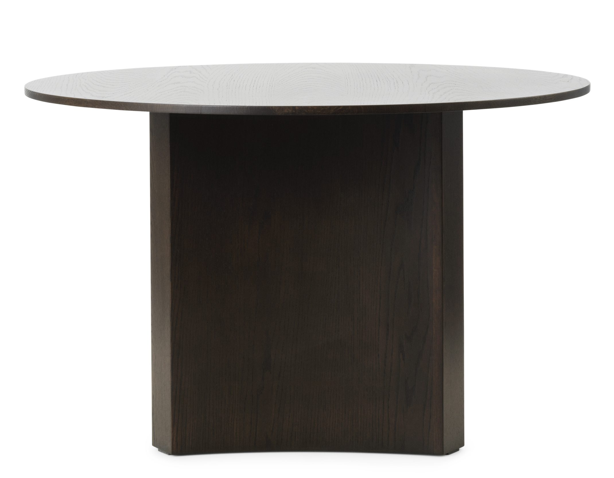 Bue Table Esstisch von Normann Copenhagen, runder Holztisch mit dunkler Holzoberfläche und zentralem Sockel.