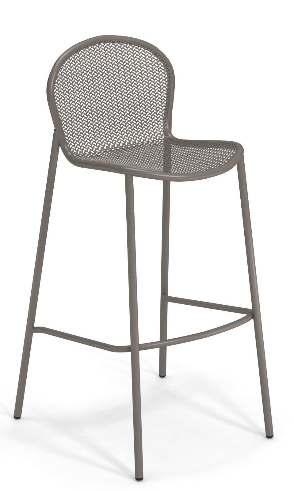 Ronda X Barstool von Emu, grauer Metall-Barhocker mit Rückenlehne und Fußstütze für den Außenbereich.