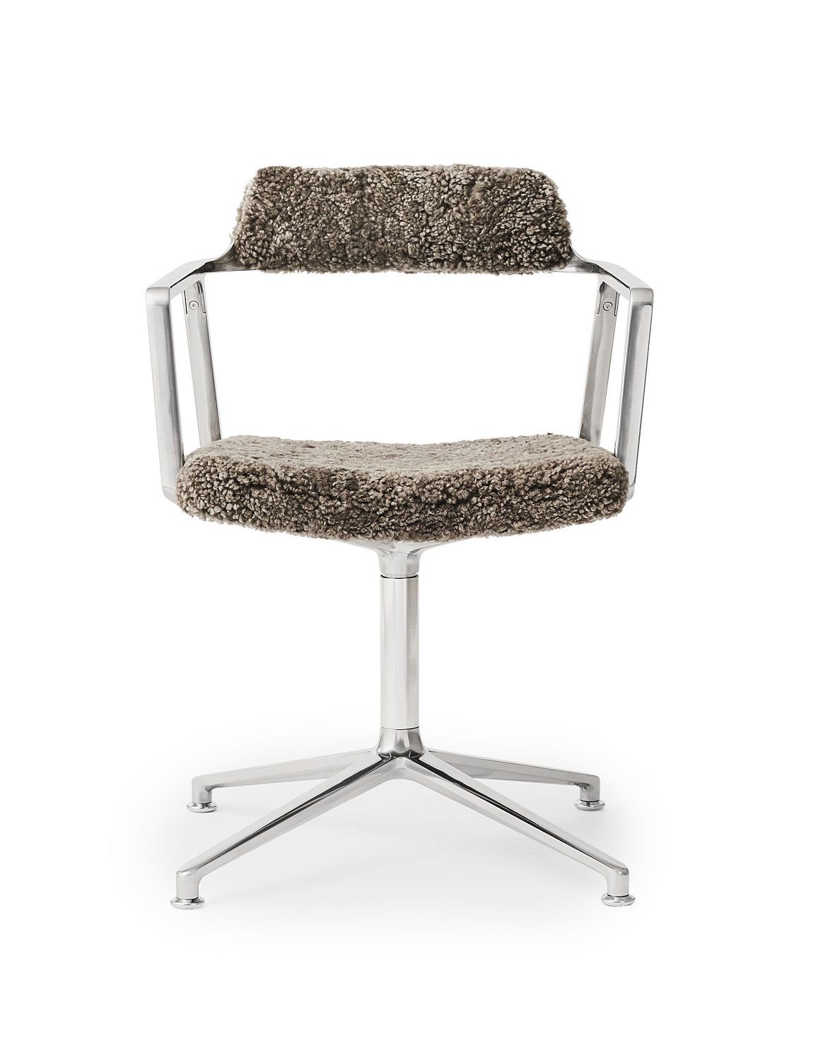 Vipp Curly Stuhl: Drehstuhl mit grauem Curly-Bezug und silberfarbenem Metallgestell. Bürostuhl mit Gleitern.