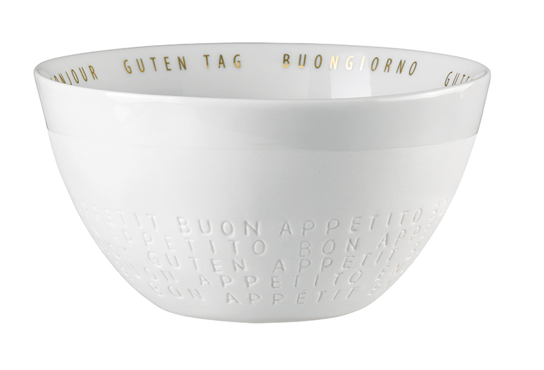 Weiße Schüssel aus dem "Guten Appetit" 3er Set Räder, mit goldenen und geprägten Schriftzügen.