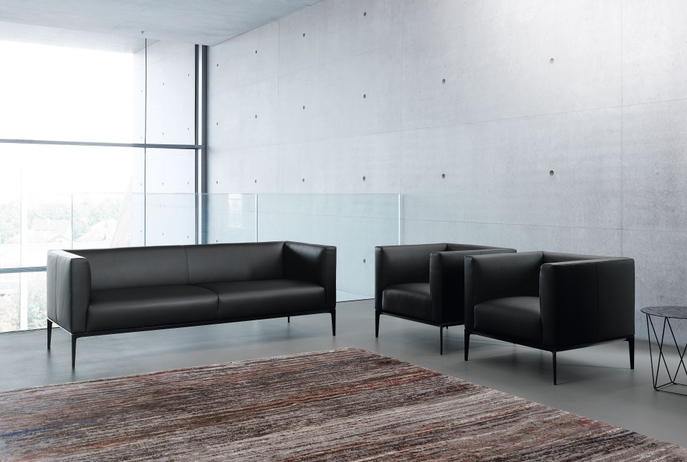 Schwarzer Jaan Sessel von Walter Knoll und passendes Sofa in modernem Wohnzimmer mit Teppich.