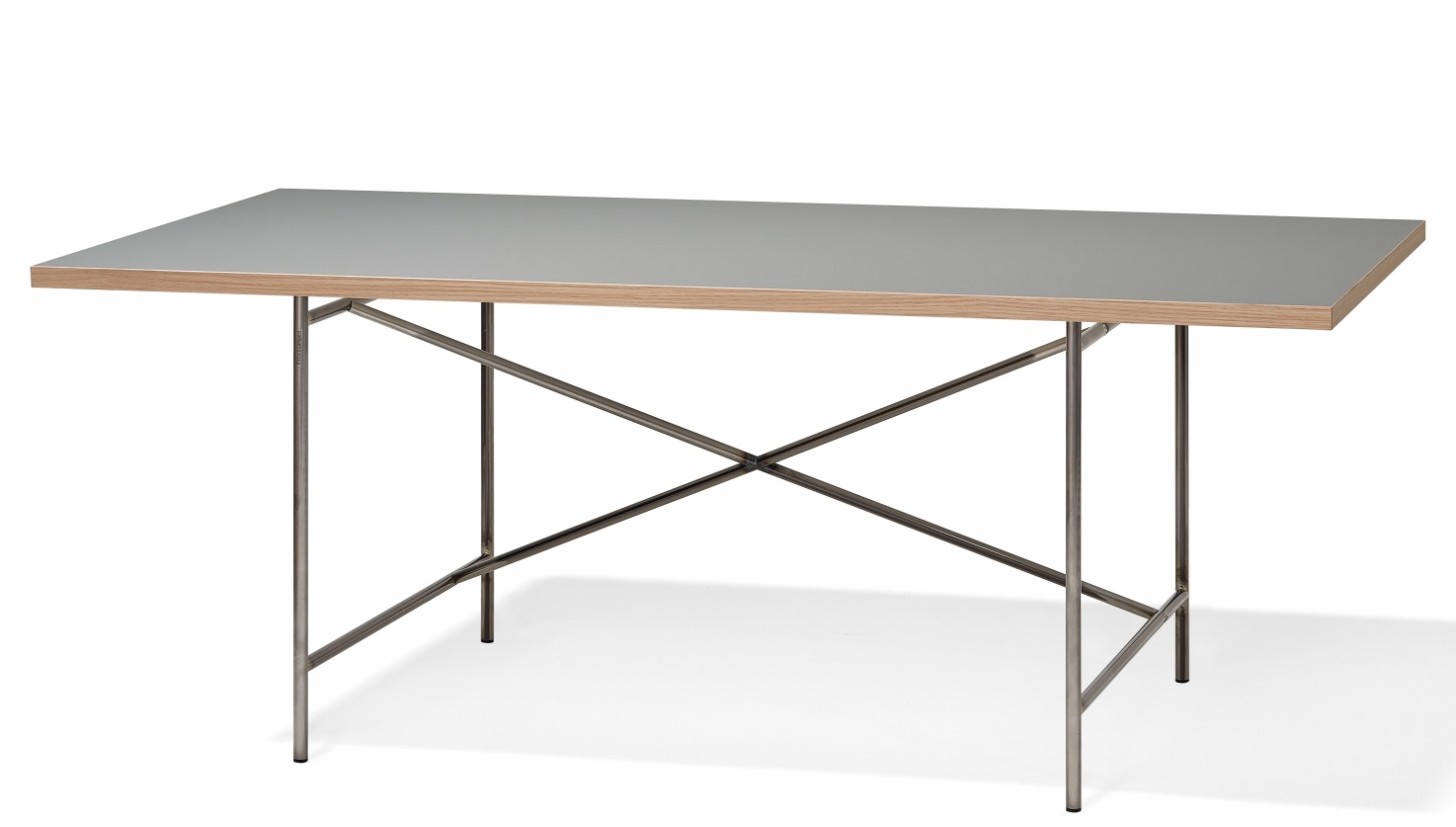 Eiermann Tisch mit grauem Linoleum und Stahlgestell, Designklassiker von Richard Lampert für Büro und Wohnen.