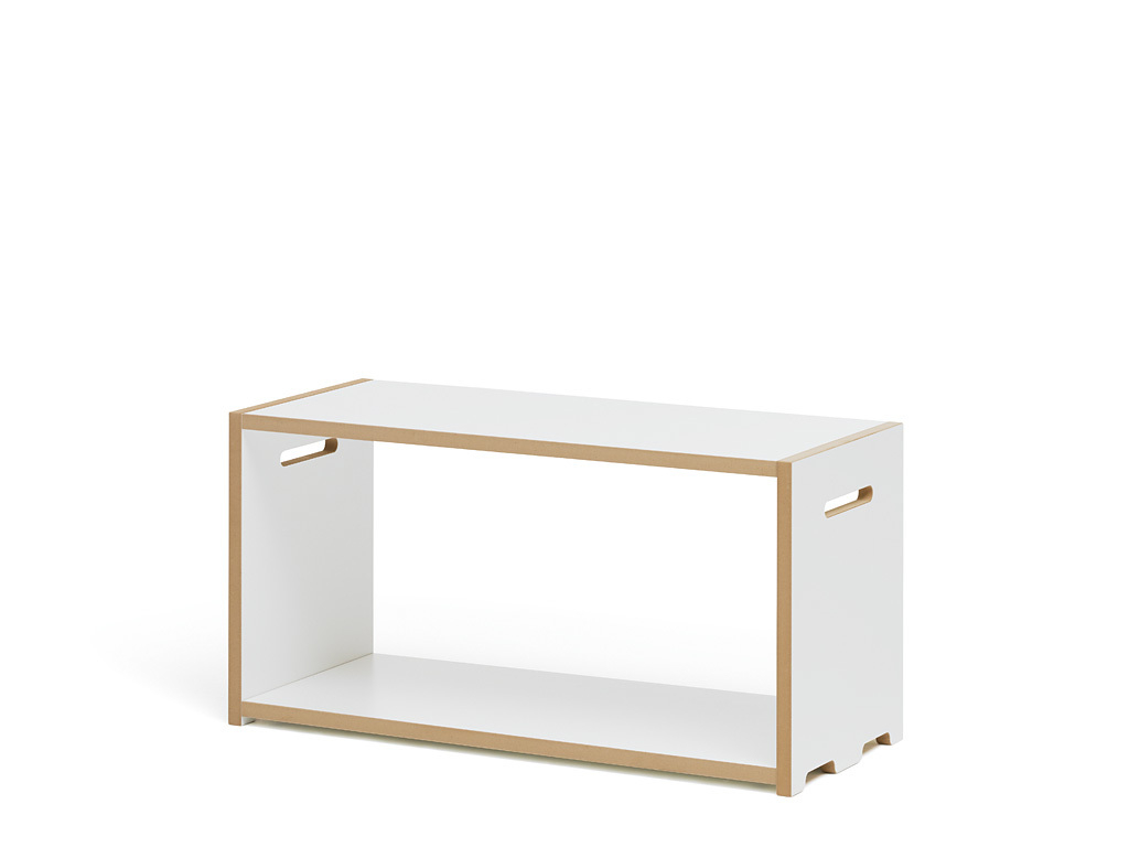 Tojo Hochstapler Regal Grundmodul: Weißes, minimalistisches Holzregal mit Griffen für Wohnzimmer und Büro.
