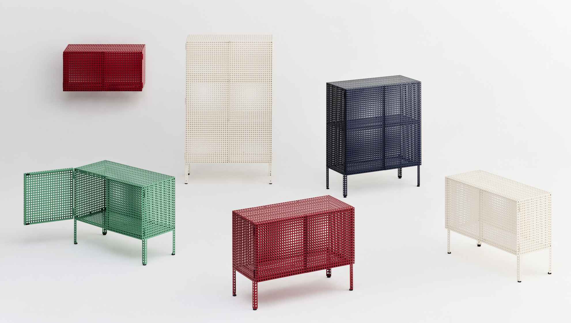 Verschiedene farbige Hay Perforated Cabinet Sideboards: Wandhängend, hoch, niedrig, mit Lochmuster, modernes Design.