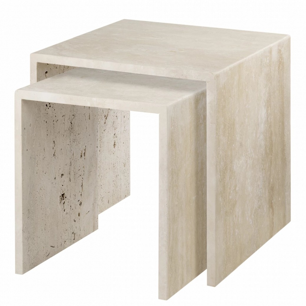 Varu Beistelltisch 2er Set von Blomus aus Travertin, quadratische Form, moderner Wohnzimmertisch, Couchtisch.