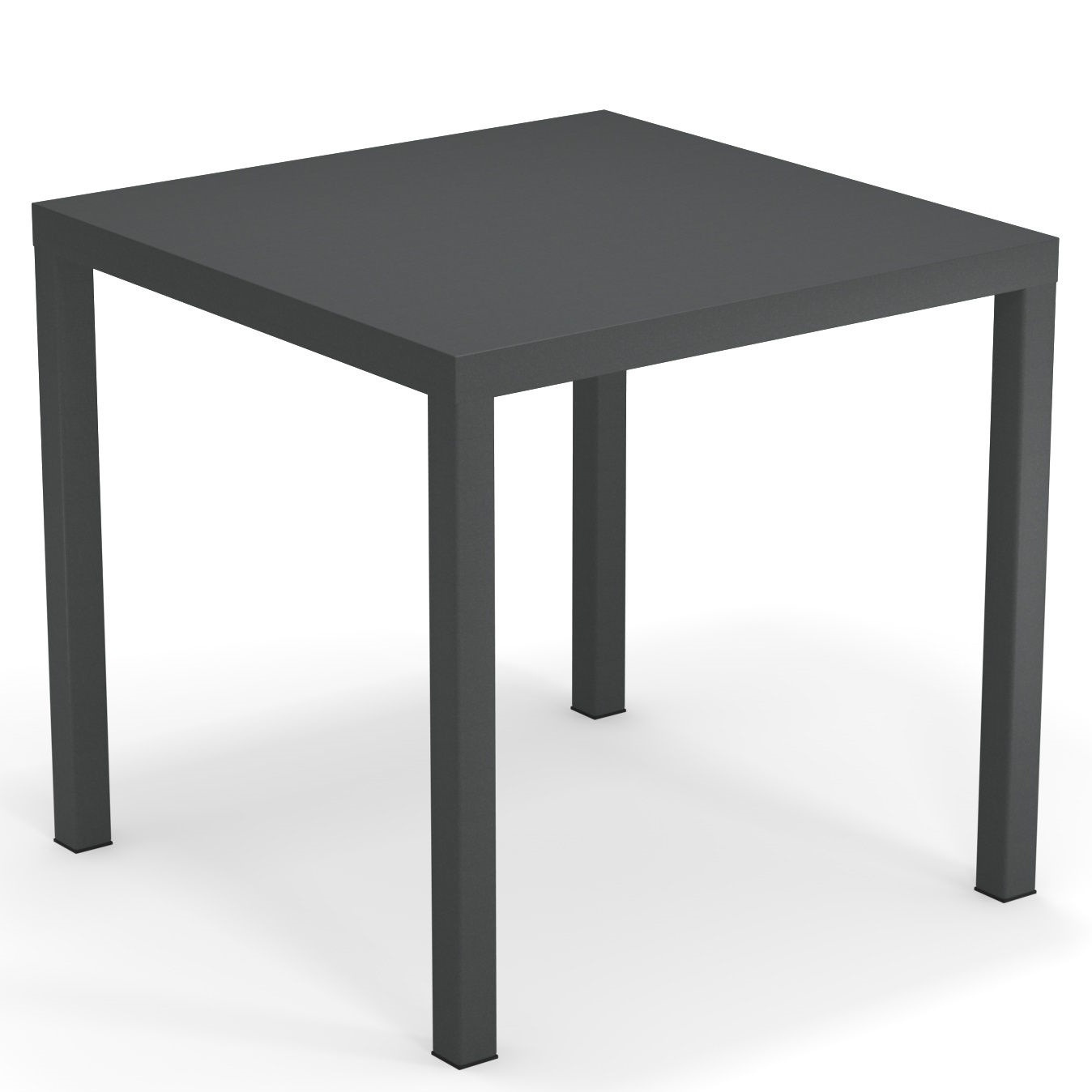 Quadratischer Nova Tisch von Emu für den Außenbereich, anthrazitfarbener Metalltisch mit minimalistischem Design.