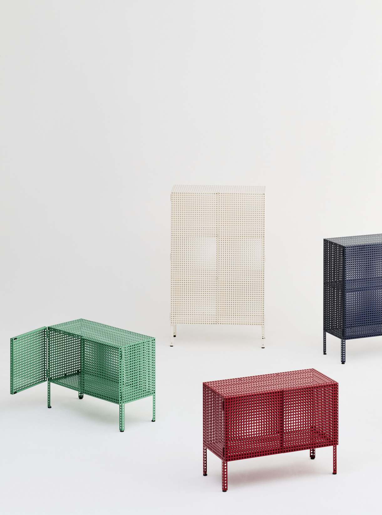 Mehrere Hay Perforated Cabinet Sideboards in verschiedenen Farben und Größen auf weißem Hintergrund.