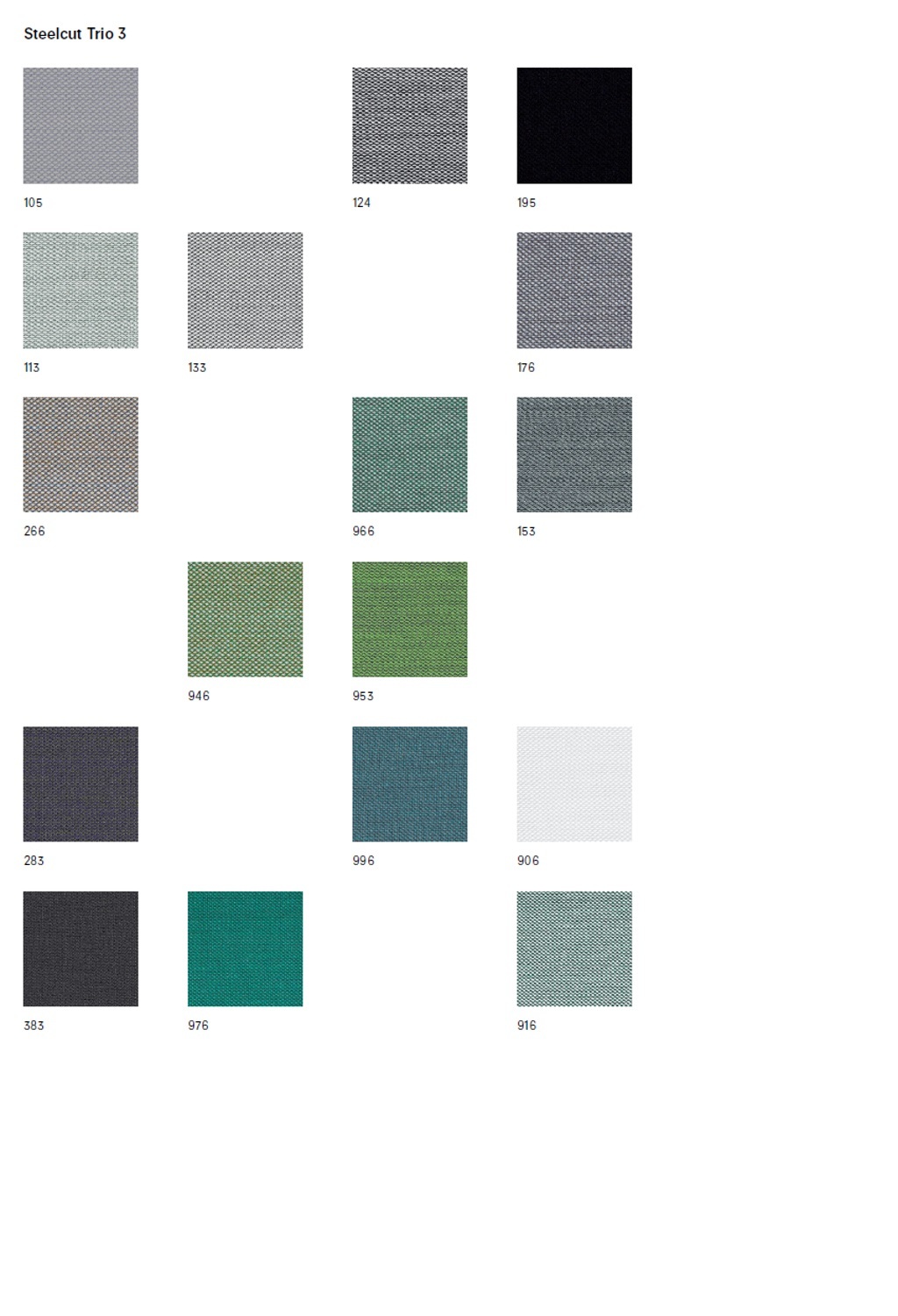 Stoffmusterkarte Steelcut Trio von Kvadrat: Verschiedene Stoffmuster in Grau, Grün, Schwarz und Blau.