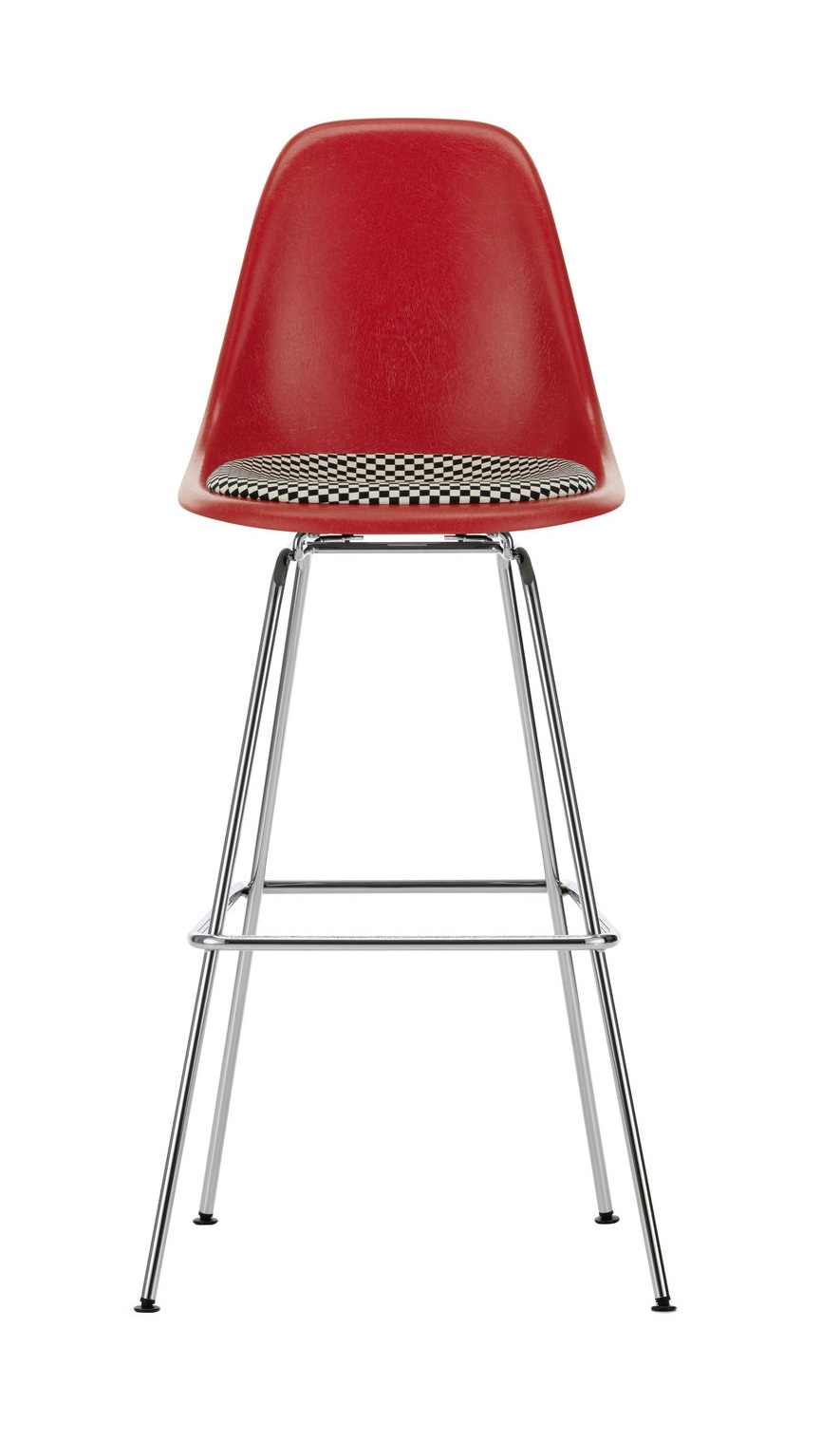 Roter Eames Fiberglass Bar Stool High von Vitra mit Sitzpolster und Chromgestell.
