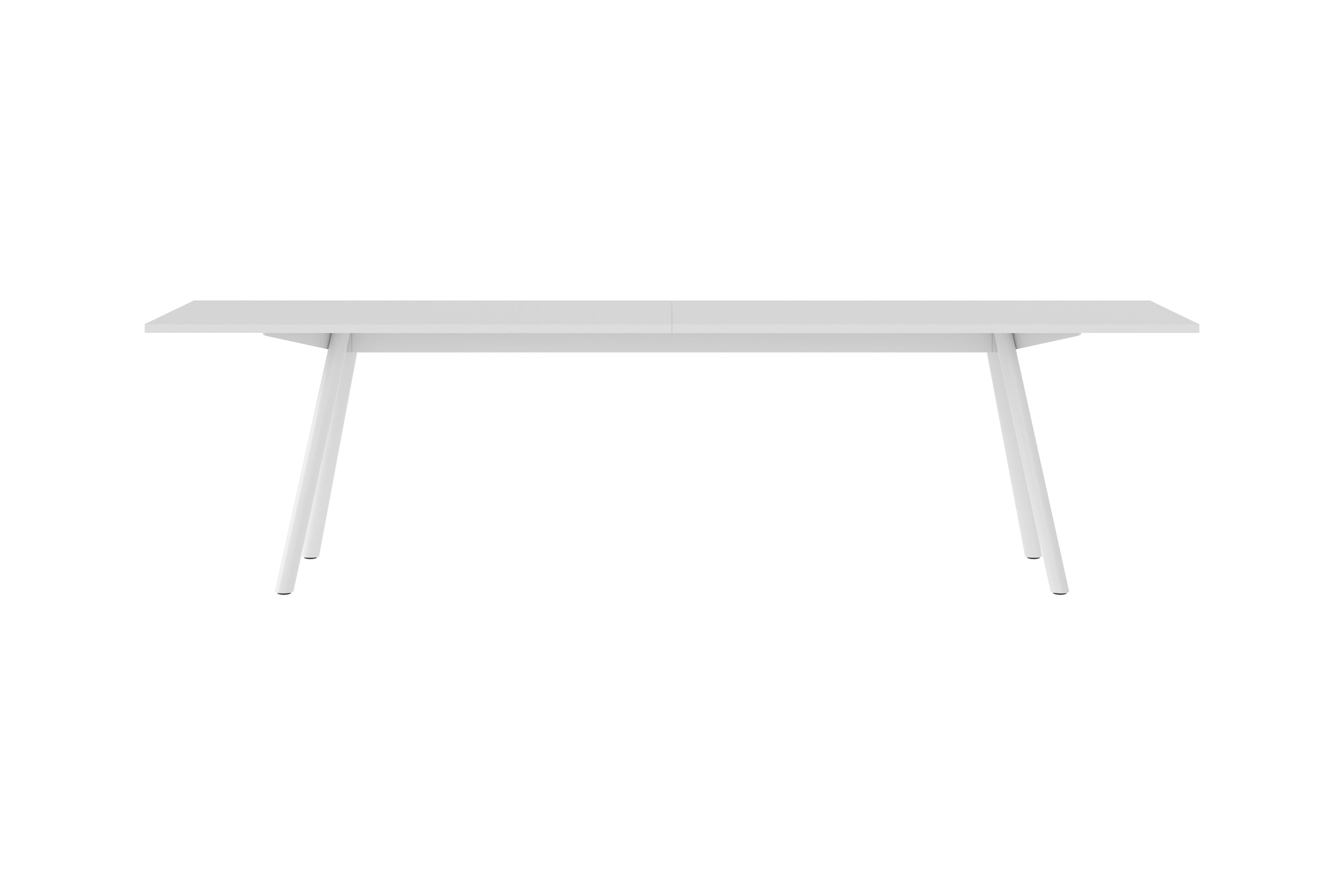 Weißer New Tendency Masa Tisch mit minimalistischem Design und schlichten, schrägen Beinen.