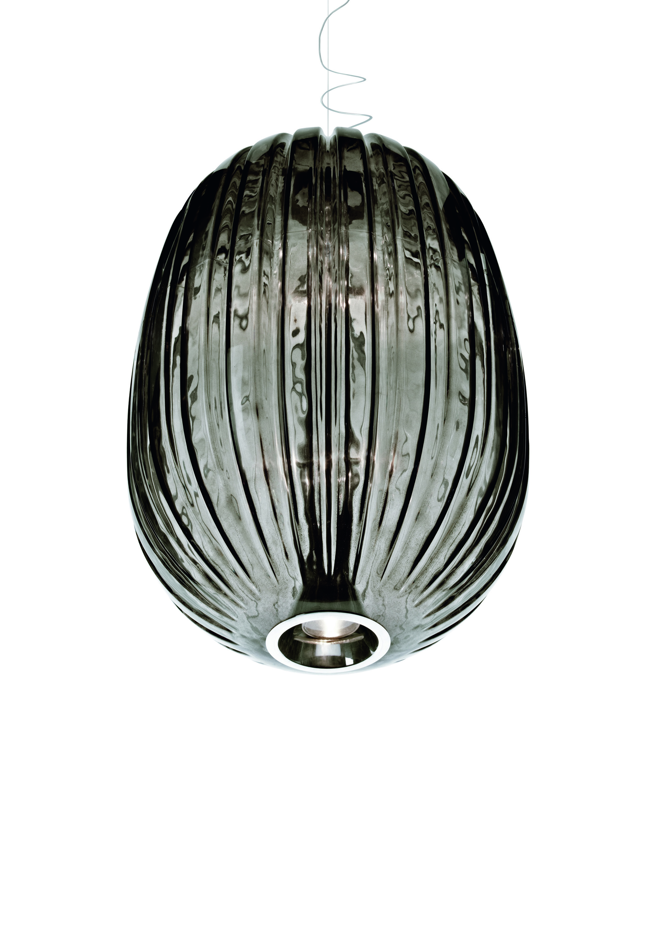 PLASS Hängeleuchte von Foscarini, moderne Pendelleuchte aus grauem, geriffeltem Kunststoff für Wohnzimmer und Essbereich.