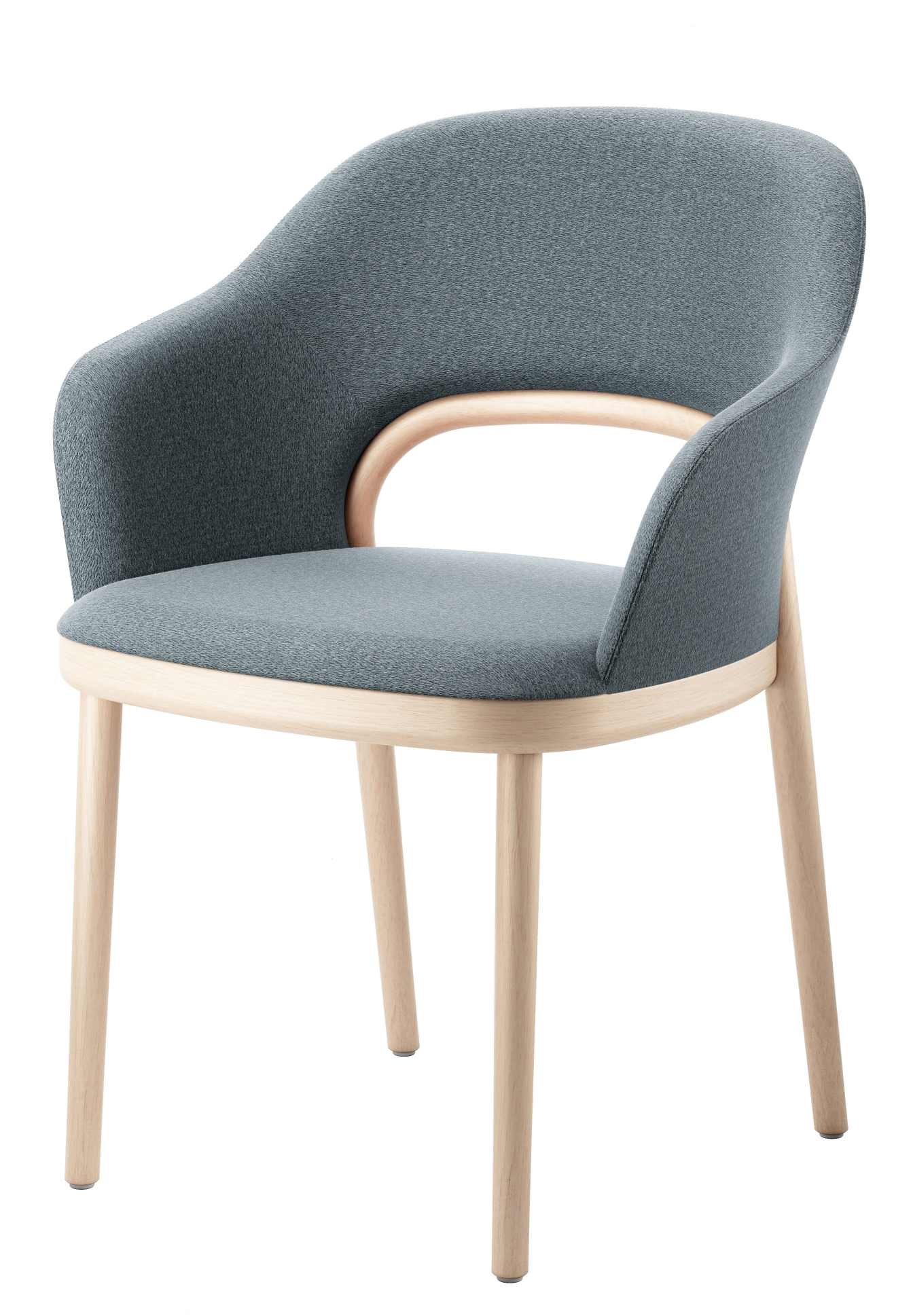 Grauer Thonet Polsterstuhl 520 PF mit Armlehnen und hellem Holzgestell, moderne Sitzgelegenheit für Wohnzimmer.