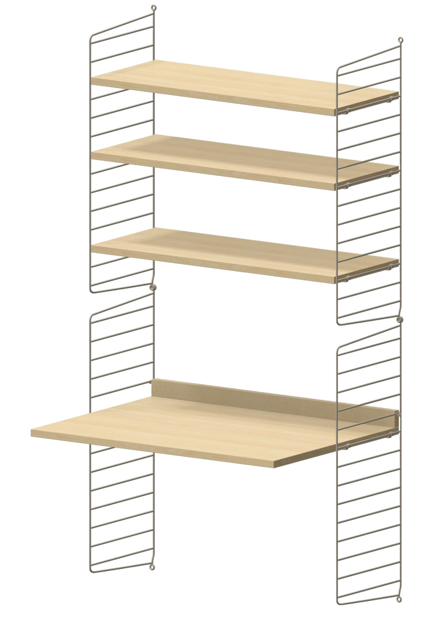 Arbeitsplatz KONFIGURATIONEN W4 String Furniture: Wandregal mit Schreibtischplatte und drei Regalböden in Buche.