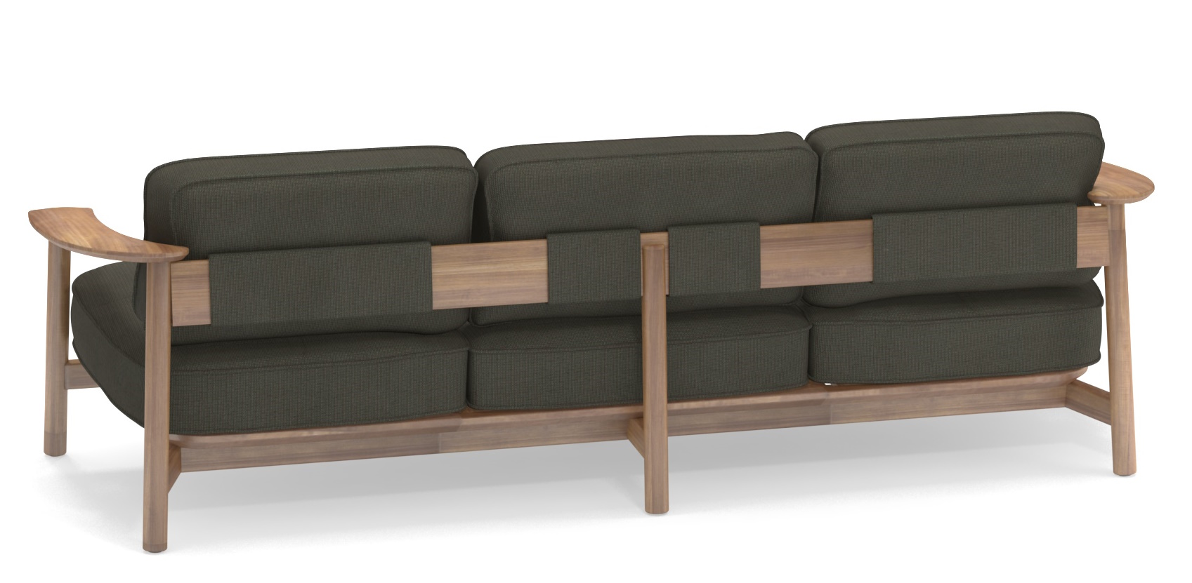 Rückansicht des Emu Twins Sofa Outdoor mit Holzrahmen und olivgrünen Polsterkissen für Garten und Terrasse.