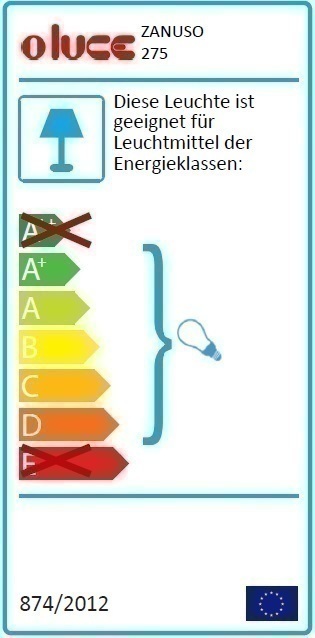 Energieeffizienzlabel der Zanuso Tischleuchte von Oluce, geeignet für Leuchtmittel der Energieklassen A+ bis D.