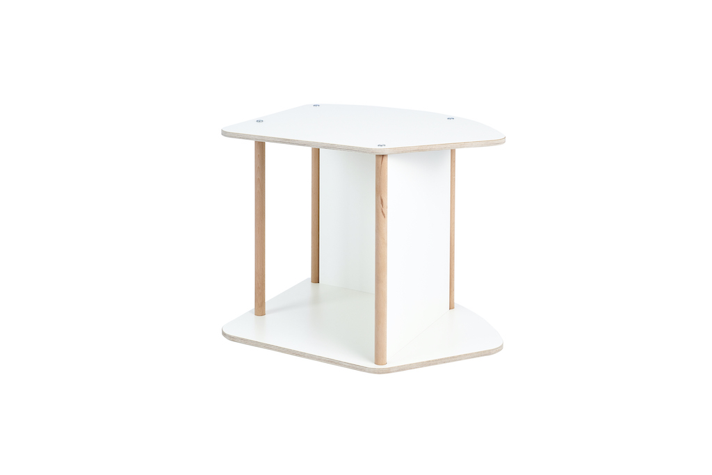 Tojo Kids Multi: Moderner, weißer Kinder Hocker mit Holzbeinen, vielseitig als Tisch oder Sitzgelegenheit.