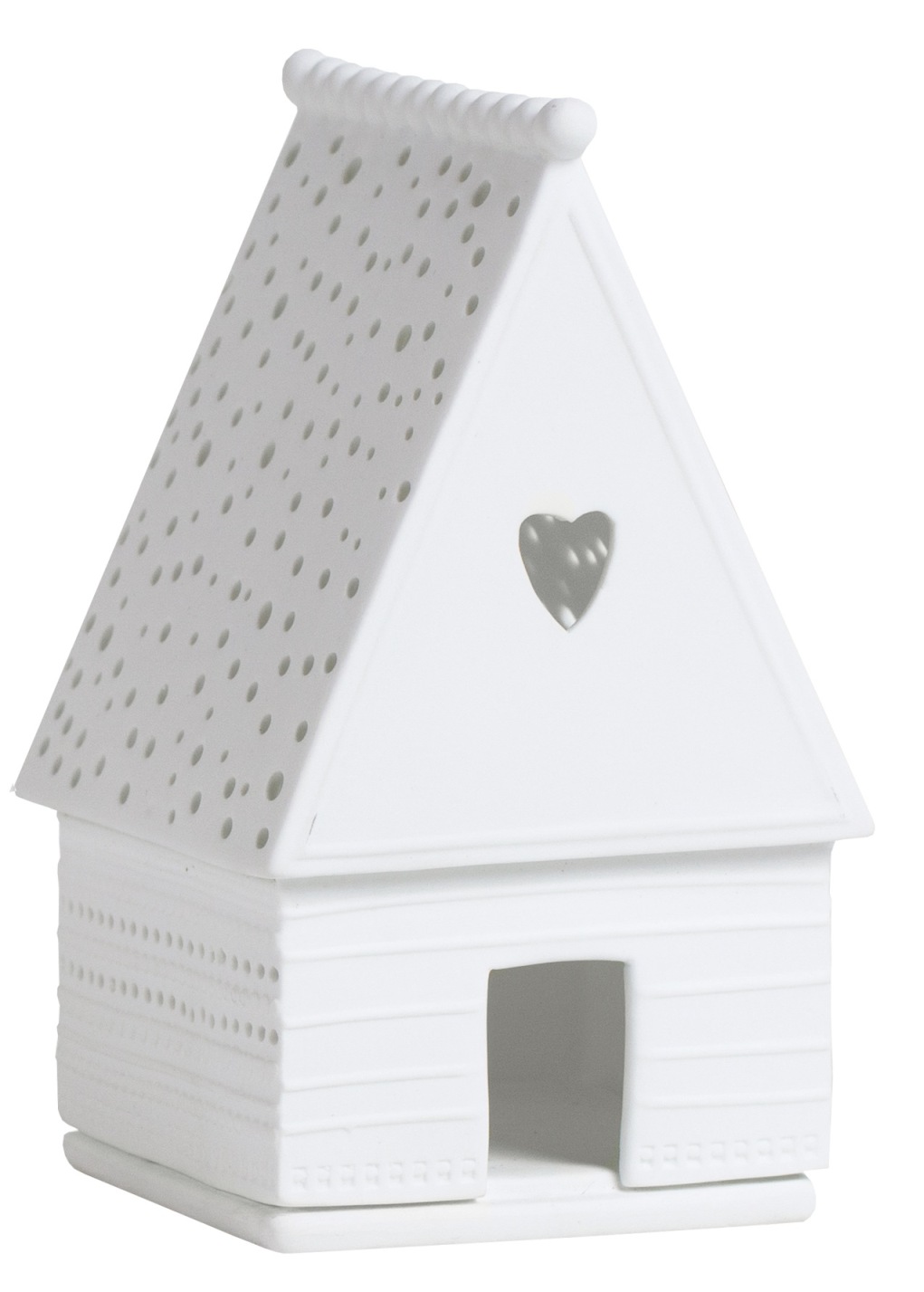 Weißes Zuhause Lichthaus aus der Lebkuchen Räder Kollektion mit Herzfenster und vielen kleinen Löchern.