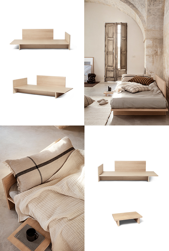 Kollage: Ferm Living Kona Daybed aus hellem Holz, minimalistisches Design, verschiedene Perspektiven und Details.