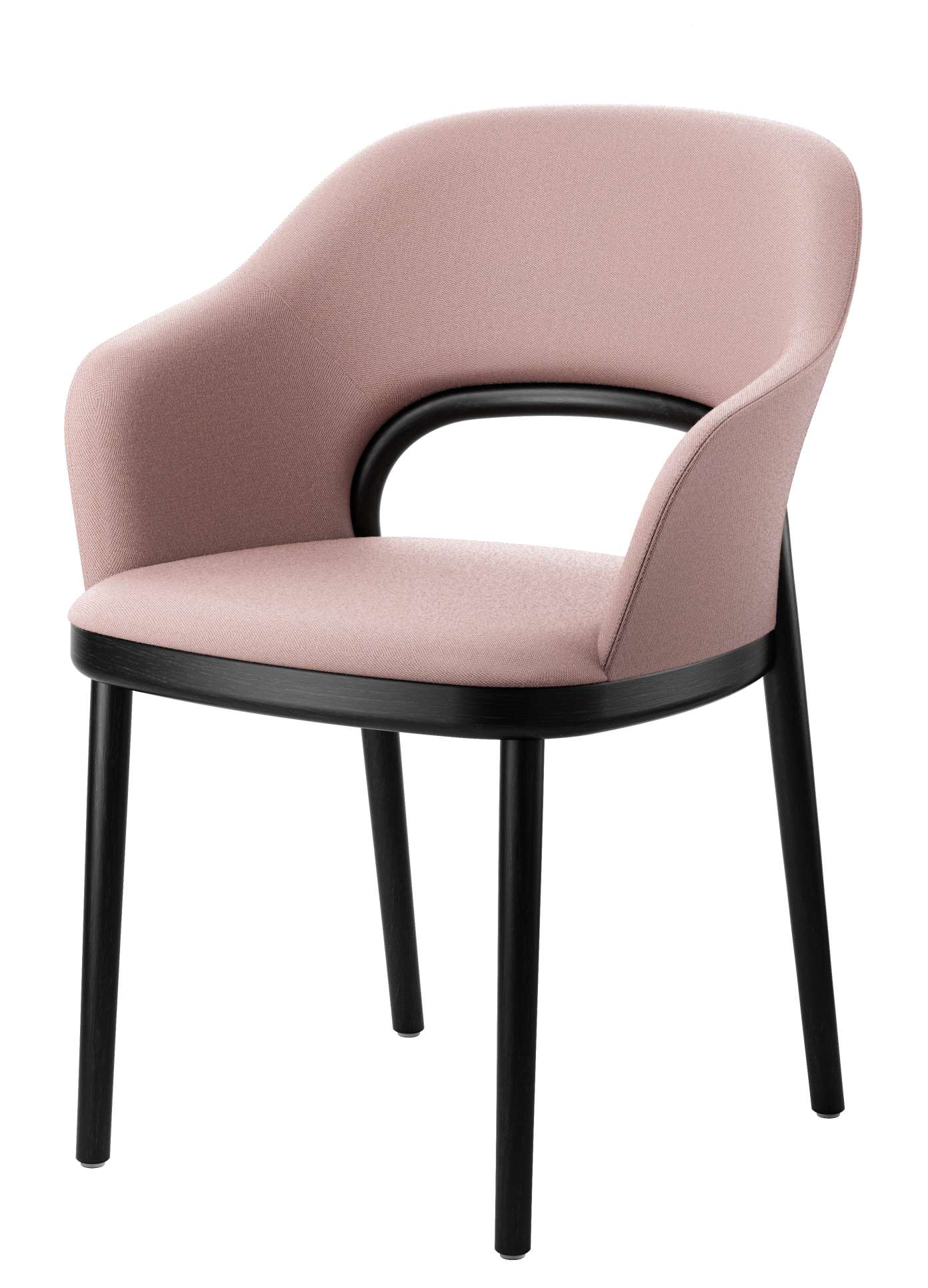 520 PF Thonet Stuhl mit Armlehne, rosa Polster und schwarzem Holzgestell, Frontansicht.