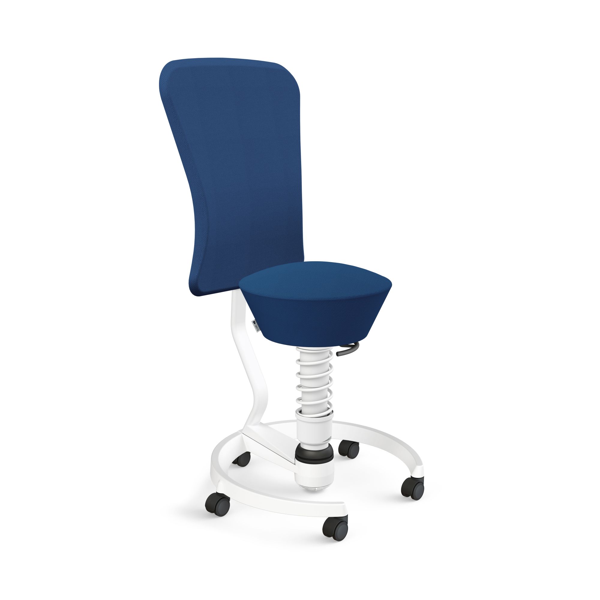 Blauer Bürostuhl mit Rückenlehne, ergonomisch, höhenverstellbar und weißem Fußkreuz mit Rollen.