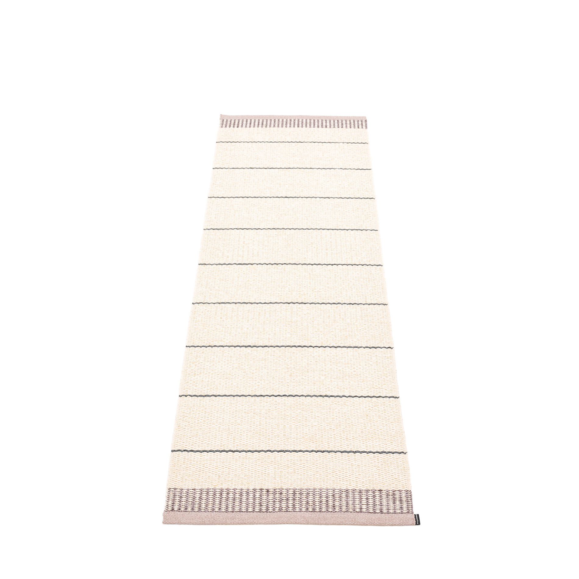 Pappelina Belle Kunststoffteppich 60x200 cm: Beige Teppich mit schwarzen Streifen und dekorativen Enden.