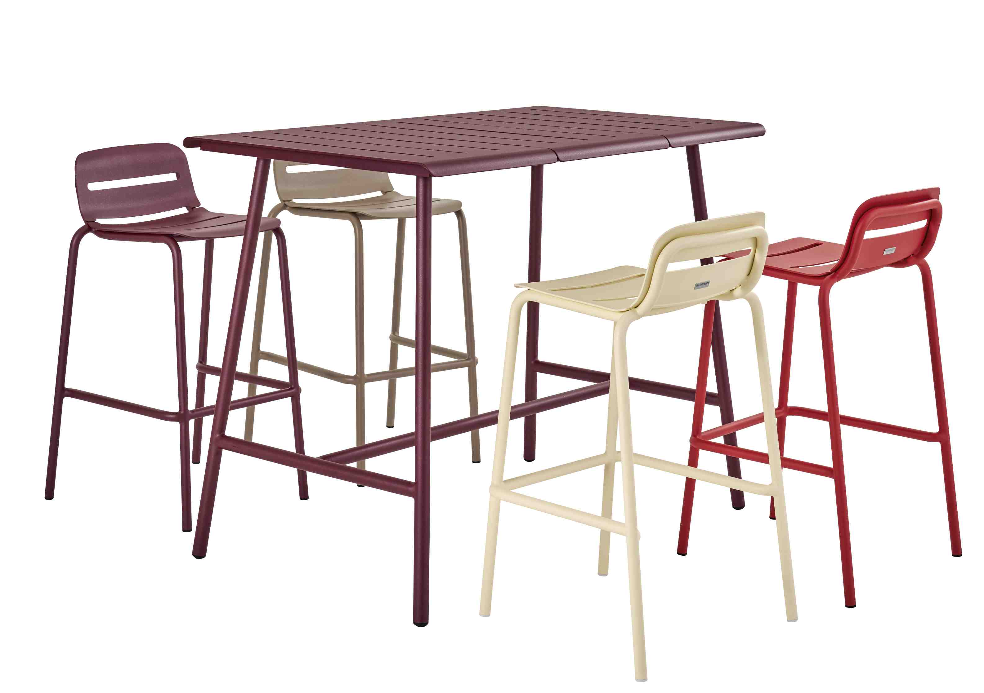Weishäupl Vapio Hochtisch Outdoor mit vier Barhockern in Rot, Beige und Lila auf weißem Hintergrund.