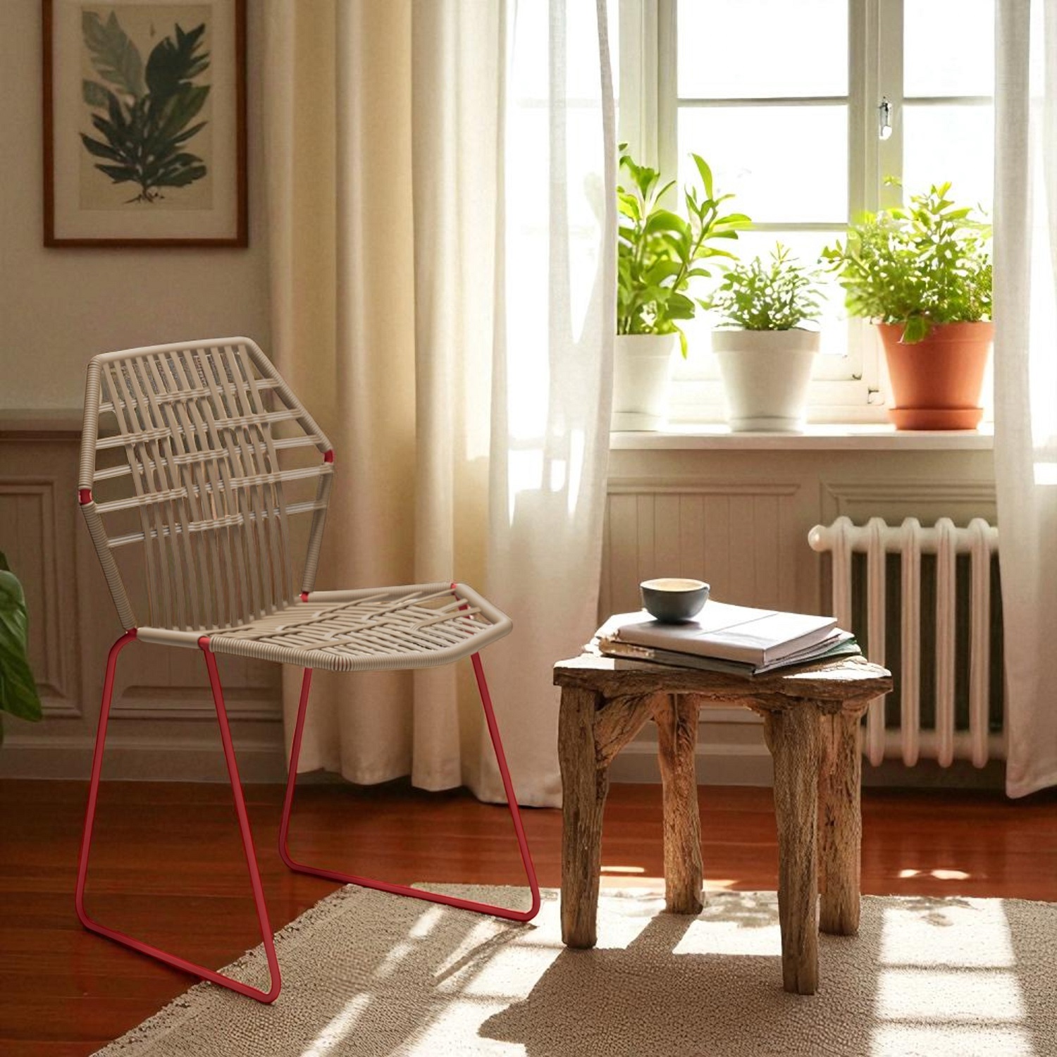 Tropicalia TR0 Stuhl von Moroso mit Kunstlederbezug und roten Beinen in heller Wohnraum-Szene.